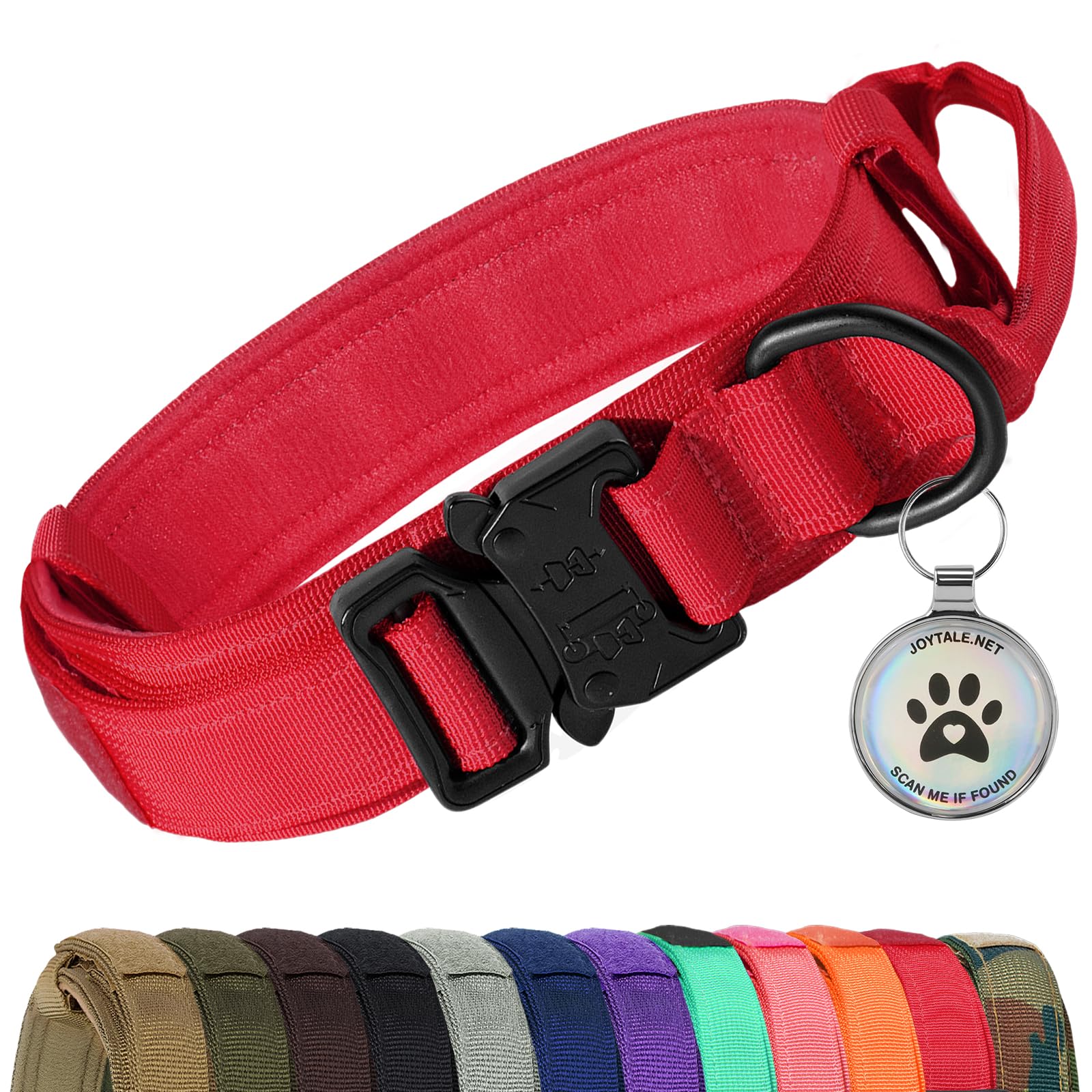 Joytale Collar Perro, Táctica Collar Perro Grande con Mango de Control, Resistente Collares para Perros con Etiquetas Código QR, Rojo, L