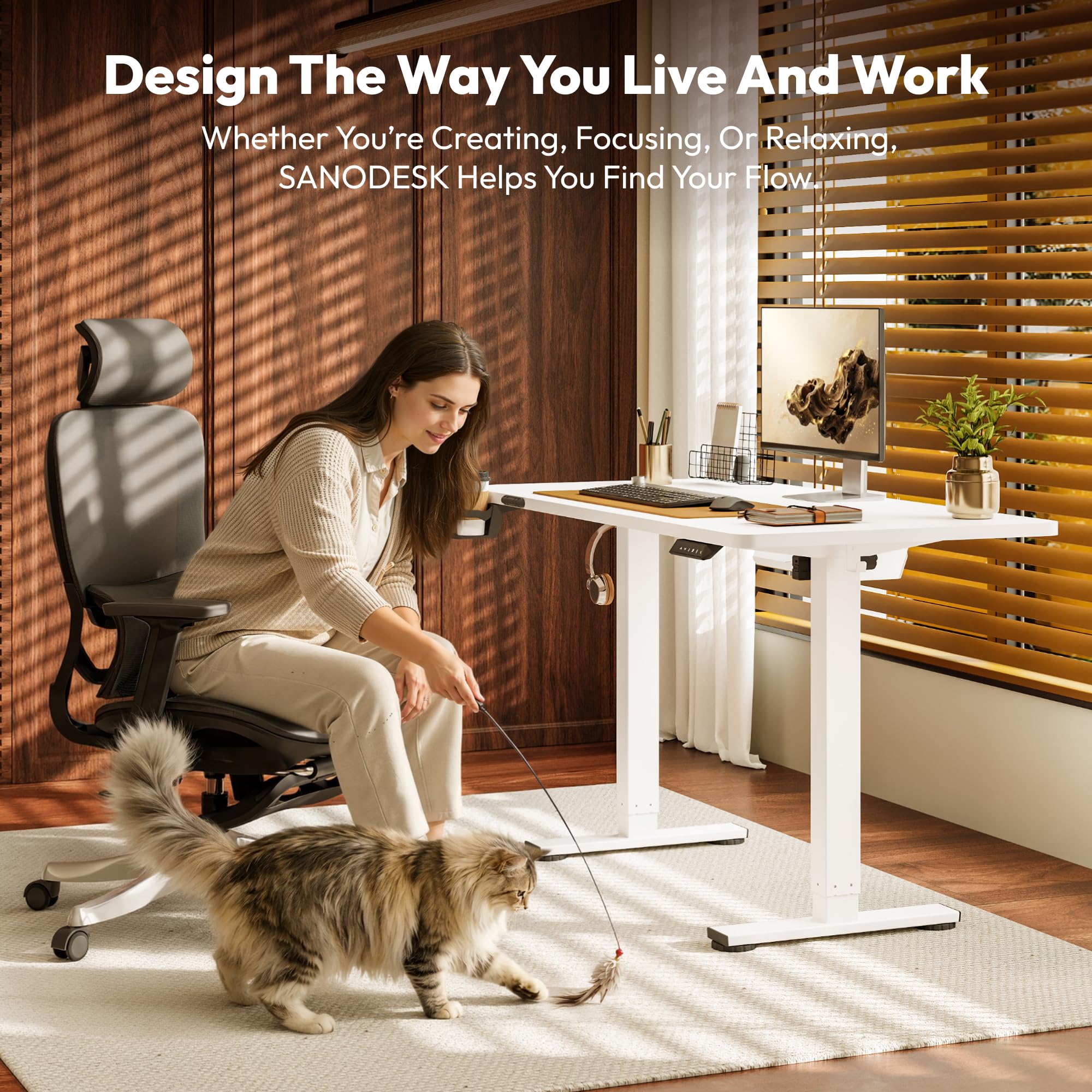 SANODESK Höhenverstellbarer Schreibtisch 110×54 cm Kompakter Standing Desk mit Anti-Kollisions-Schutz Weiß