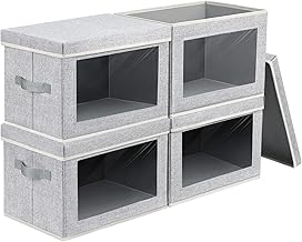 DIMJ 4 Pack Foldable Storage Boxes with Lids, Collapsible Storage Bins with Transparent Window, Fabric Storage Basket with Handle, Wardrobe Storage Organiser for Clothes, Toys, Books, Closet