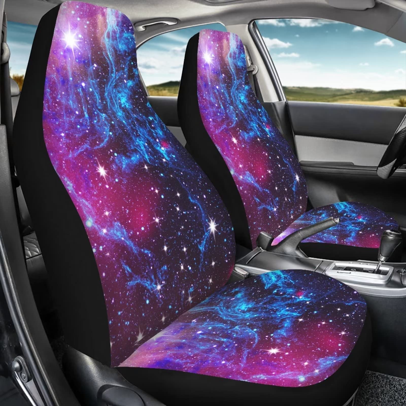 chaqlin Galaxy Night zestaw pokrowców na siedzenia samochodowe, 2-częściowy, łatwy w instalacji ochraniacz na przednie siedzenie, poduszka pasuje do większości samochodów, sedanów, bagażników, SUV-ów lub vanów