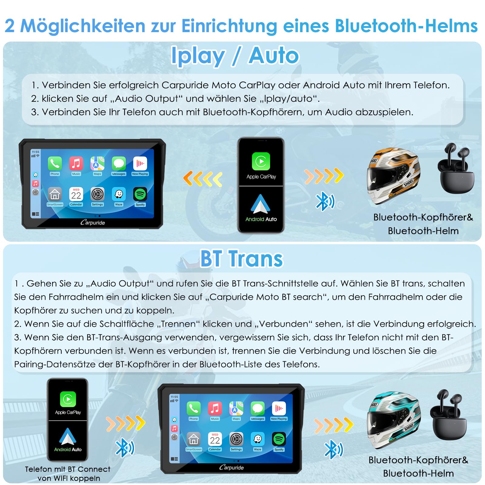 Carpuride W702B Motorrad GPS Carplay Bildschirm mit Design Halterung für BMW Motorräder, Kabelloses CarPlay und Android Auto, Tragbarer 7" Wasserdichter Touchscreen, Dual Bluetooth, Navigation, Siri.