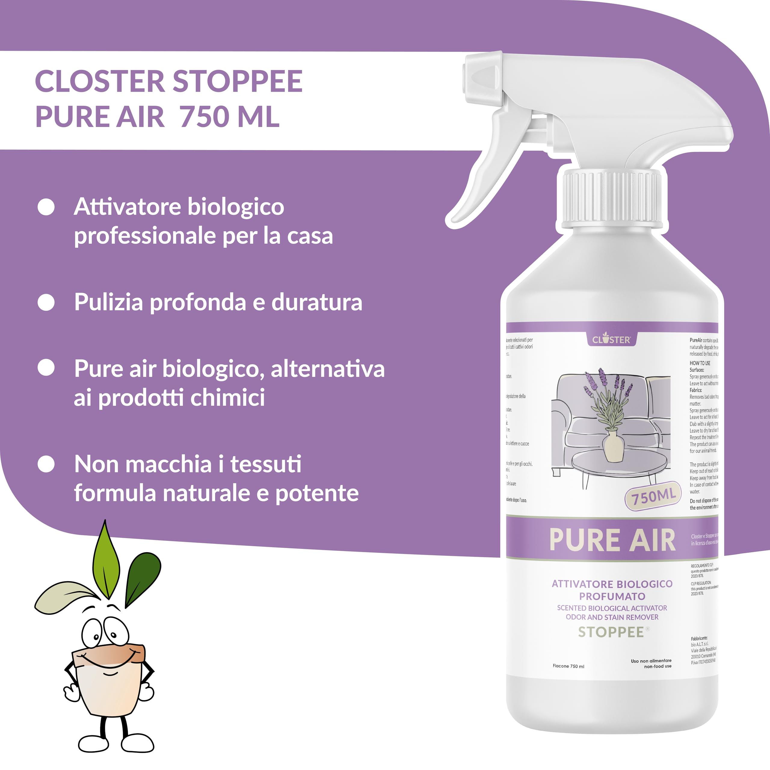 PureAir, Spray 750 ml - Elimina los olores, la orina de los colchones y las manchas de sudor en la ropa, tejidos, zapatos y equipos deportivos - Activador orgánico