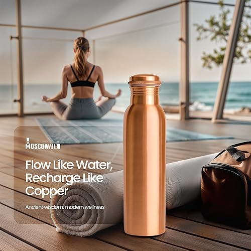 Miniatura 3 de Moscow-Mix Botella de agua de cobre puro para beber, 34 onzas, grande, ayurvédica, 100% probada en laboratorio, tapa a prueba de fugas, recipiente