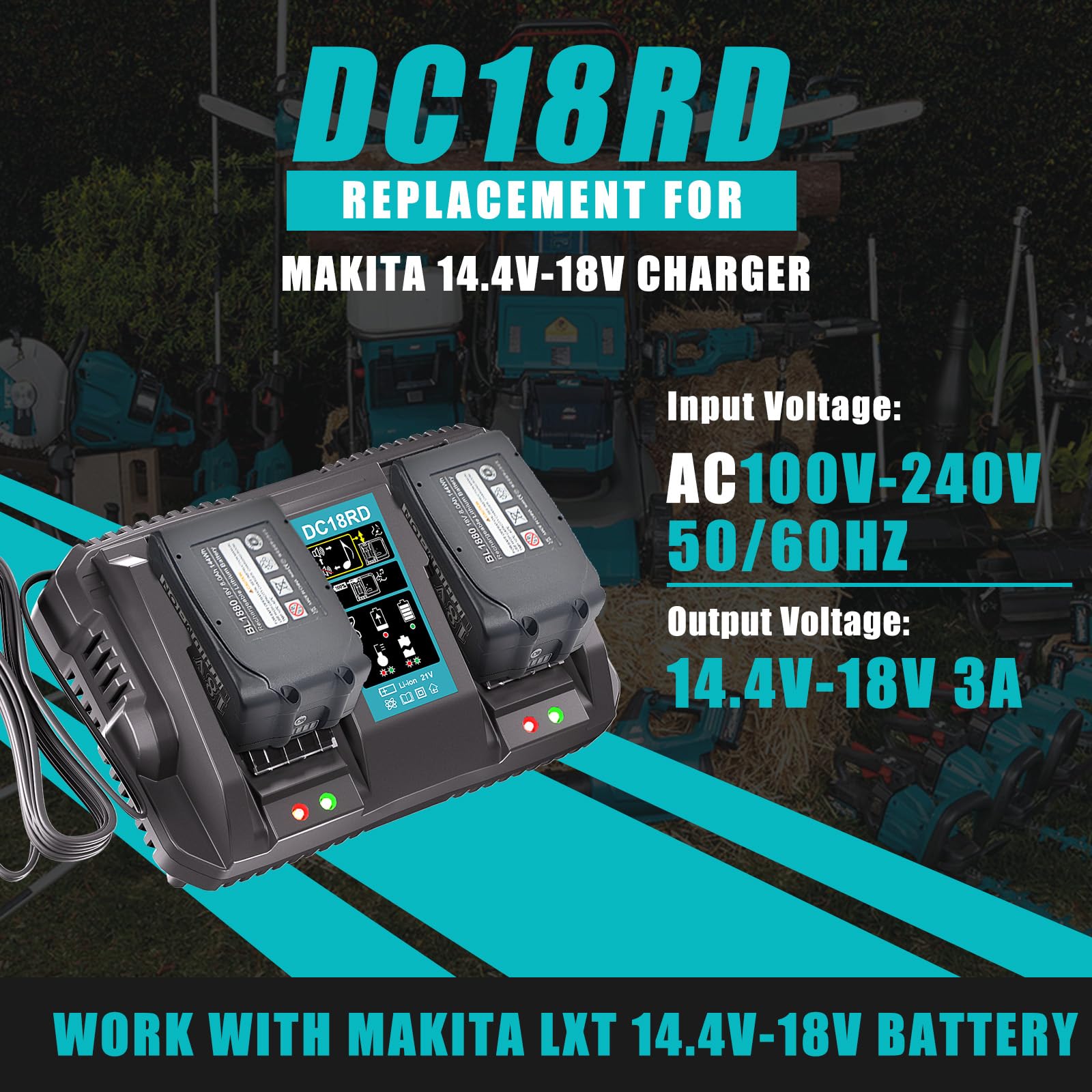 NEPOWILL Dual Ports Replacement 14.4V-18V Charger for Makita Battery Charger DC18RC DC18RD DC18RD, Compatible with Makita Battery 18V-14.4V BL1815 BL1820 BL1830 BL1850 BL1860 BL1840 BL1430 BL1415