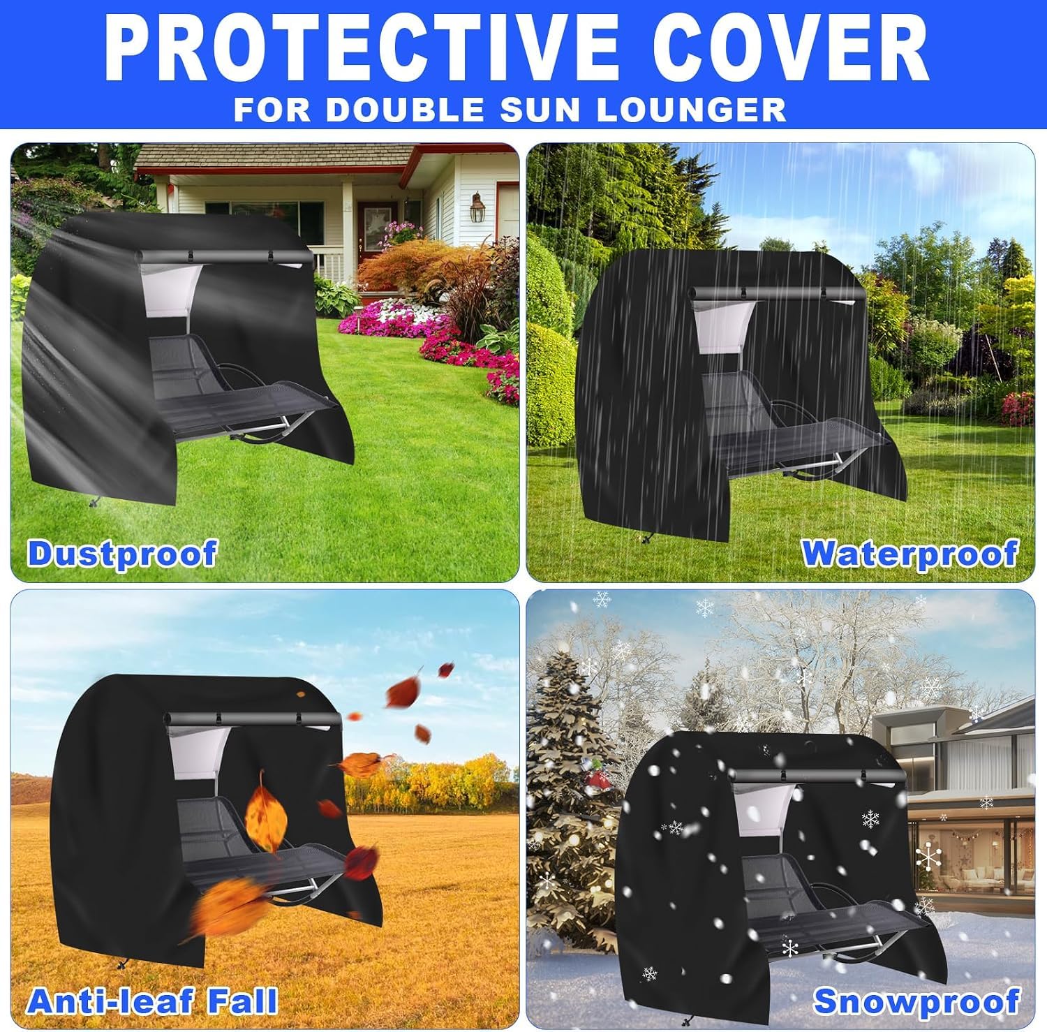 Doppel Sonnenliege Schutzhülle,61" x 79" x 75" Schwarz | 600D Oxford wasserdicht, UV-beständig, reißfest, mit Kordelzug, ganzjähriger Schutz für Gartenmöbel.