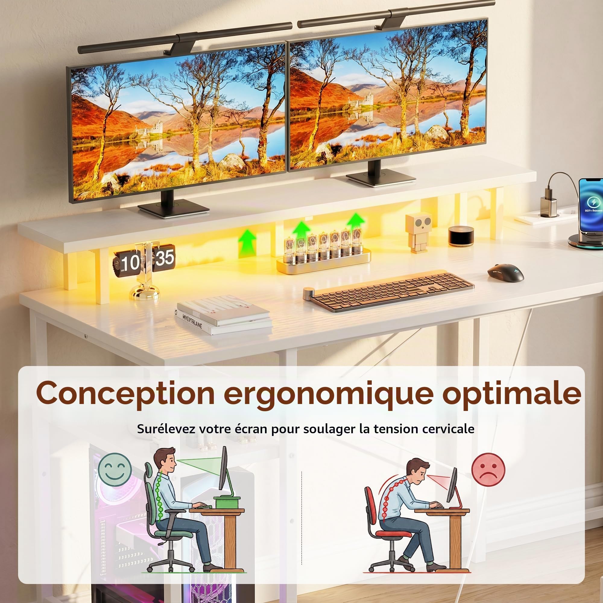 YOUDENOVA Bureau avec 4 Tiroirs, 142 × 107 cm, Bureau d'angle Réversible avec LED et Prise, Bureau Gaming en L avec Support pour Moniteur, Bureau avec Rangement pour Home Office et Gamer, Blanc