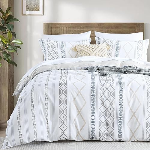 Miniatura 1 de DUOMING Juego de funda de edredón bohemia tamaño Queen, 100 % algodón, acogedora y transpirable, con cierre de cremallera y 8 lazos, juego de funda