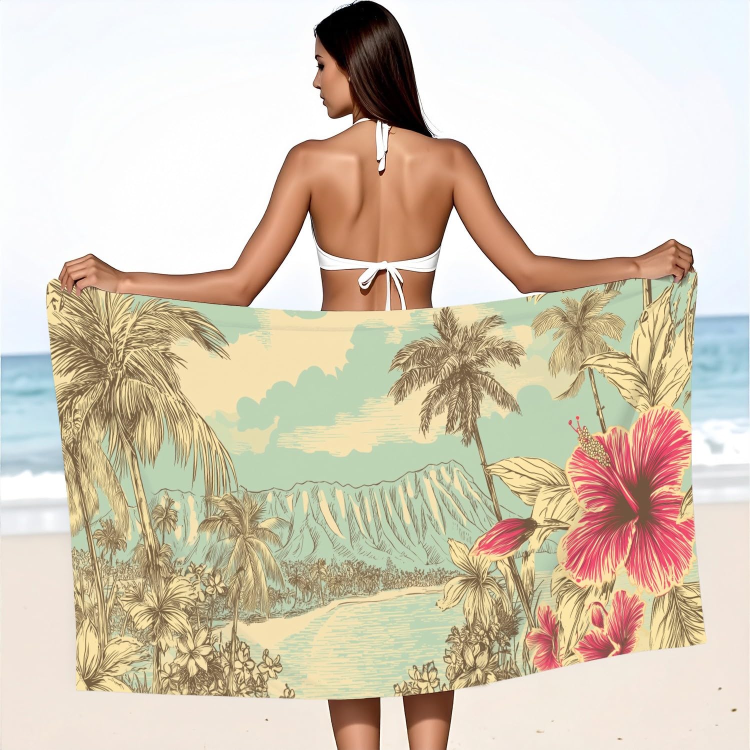 Retro, nostalgisch, klassisch Strandtuch 230 x 210 cm - Strandtuch trandtuch Leichtdünn Weich Strandtuch Hibiskusblüten, Berge, Strand, Palmen,für Strand, Pool, Yoga, Picknick