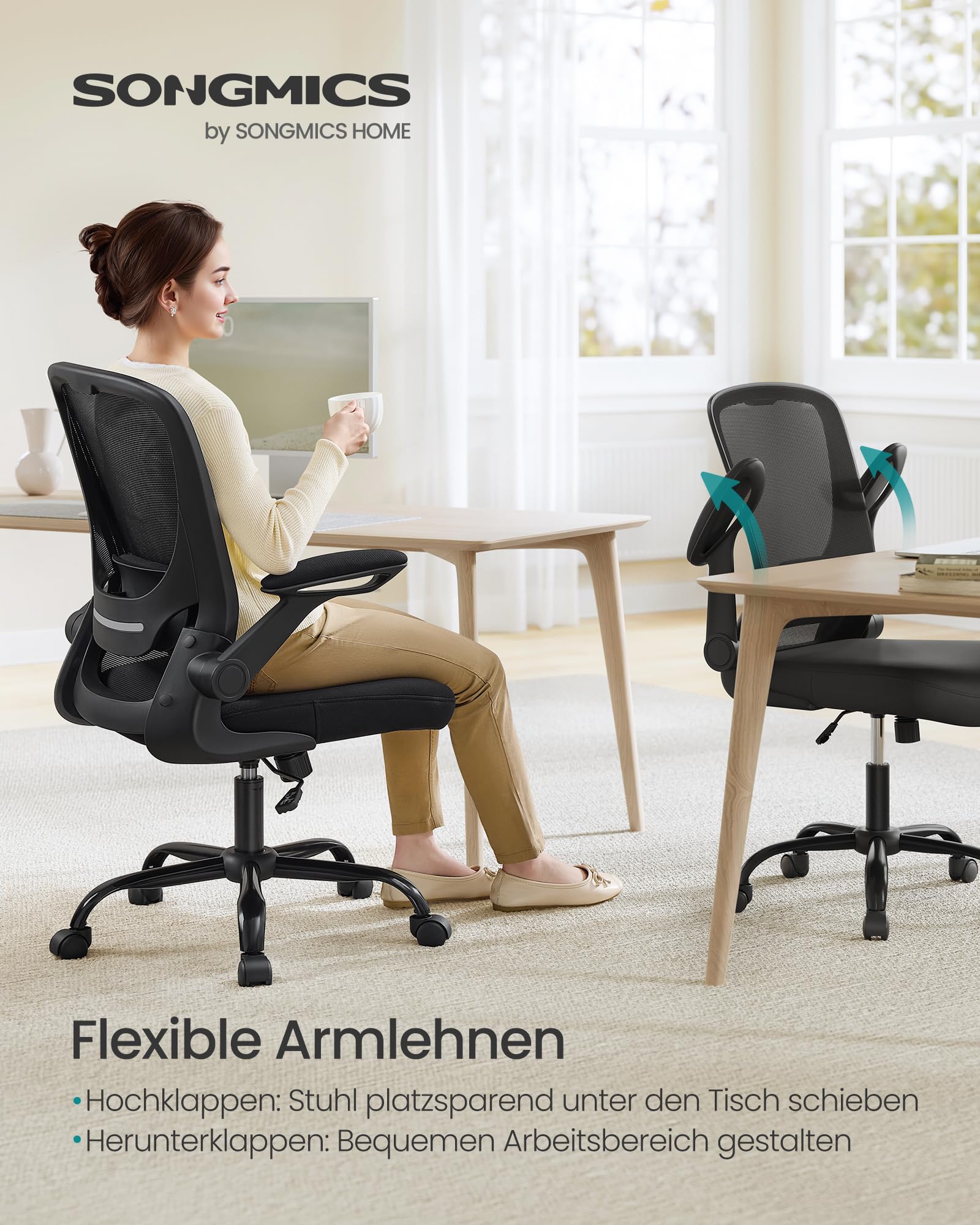 SONGMICS Bürostuhl ergonomisch Drehstuhl Mesh Lendenstütze Kopfstütze Wippfunktion 53 cm Sitzfläche klappbare Armlehnen schwarz OBN37BK