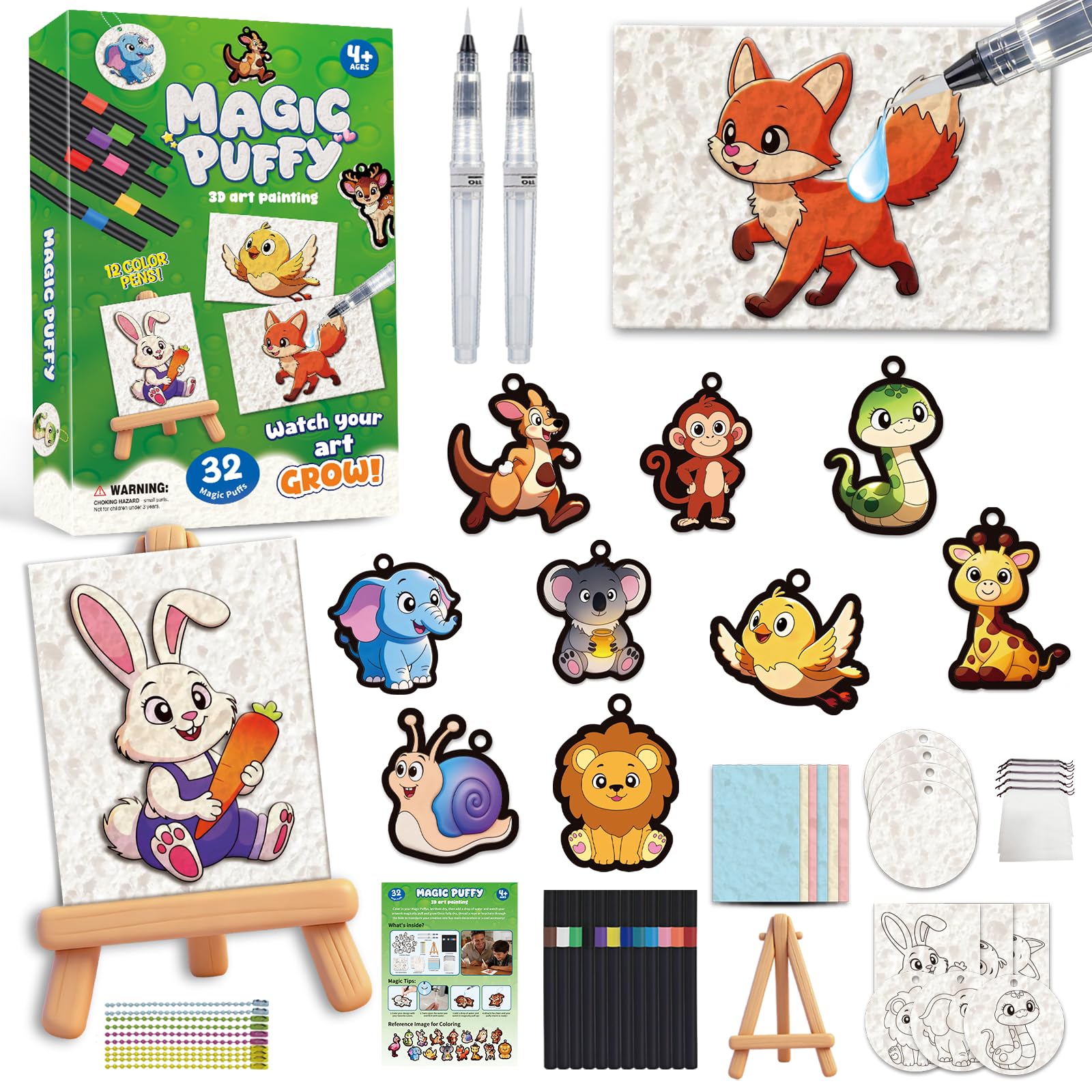 DkevEu 3D Puffy Art Kit - 32Pcs Magic Puffy Paint Kit, Mess-Free Craft Kit for Kids, Magic Foam Texture Painting Kit for Kids, Gift for Girls & Boys Ages 4 5 6 7 8 9 10 (Animal)