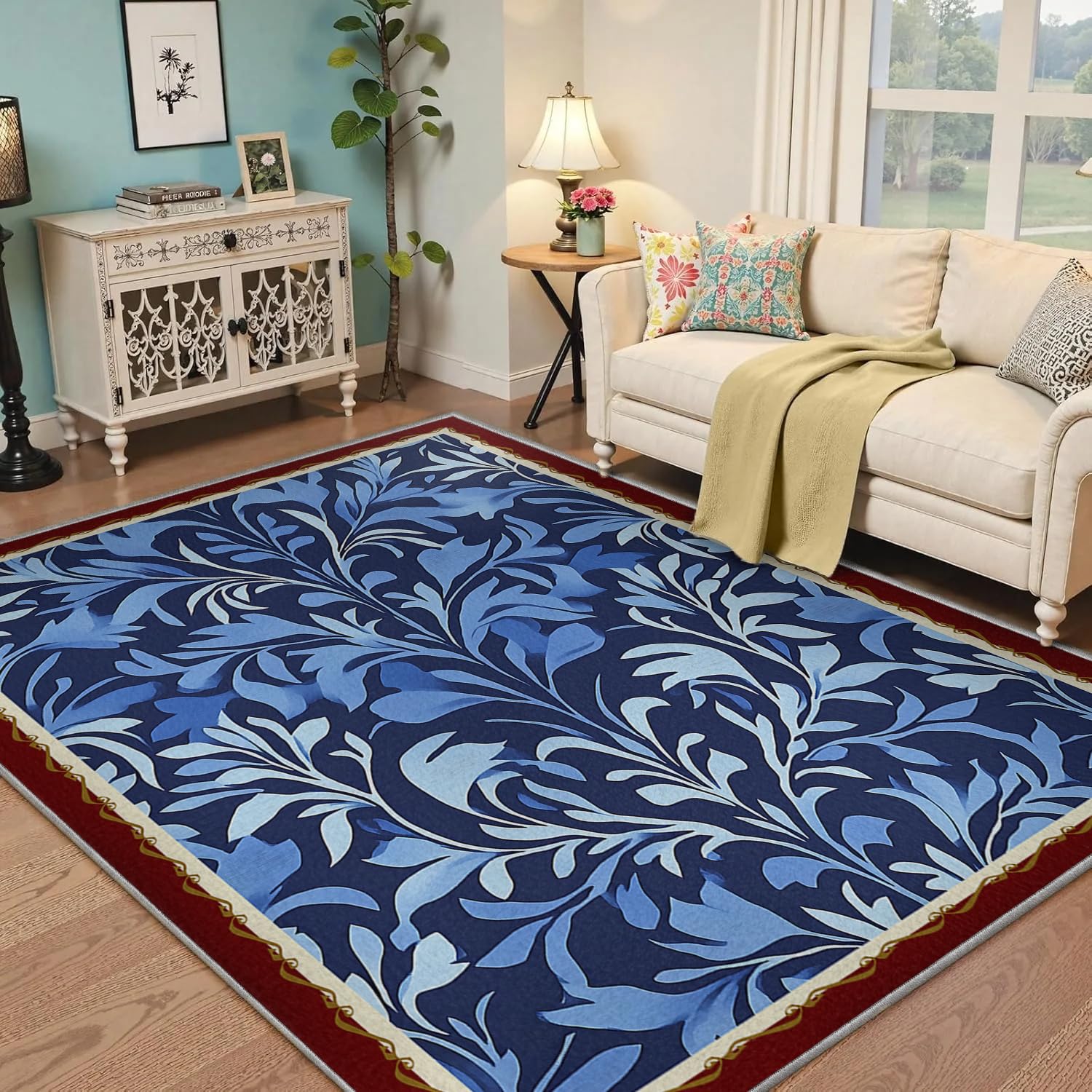 Styl Vintage 120 x 150 cm - Dywaniki do salonu 120 x 150 cm - Botaniczne klasyczne dywaniki z nadrukiem liści niebieski miękki puszysty prostokątny dywanik do łóżka