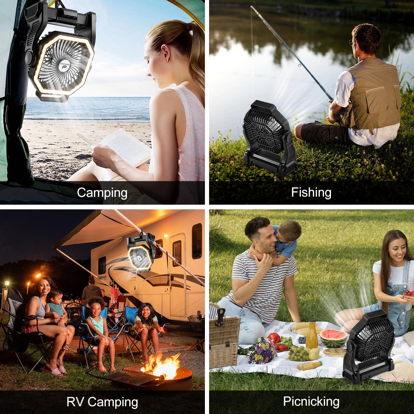 Ventilateur De Camping Rechargeable 20000mAh - 4 Vitesses, Lumière LED 3 Couleurs, Crochet - Pour Tente, Voyage, Panne - 2