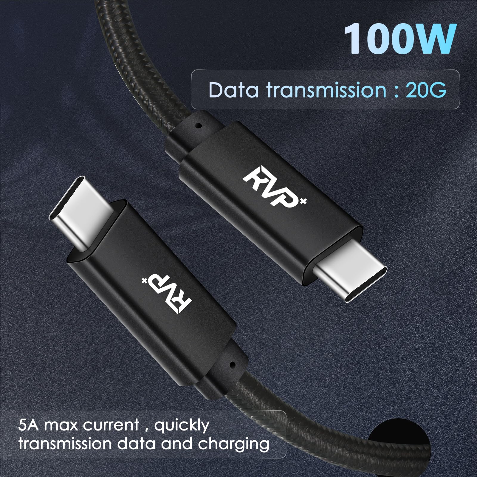 RVP+ USB-C-auf-USB-C-Kabel (2 Stück, 100 W, 1,8 m), geflochtenes Nylon, 3.2 Gen 2 USB-C-Kabel, 20 Gbit/s Schnellladekabel, Schwarz