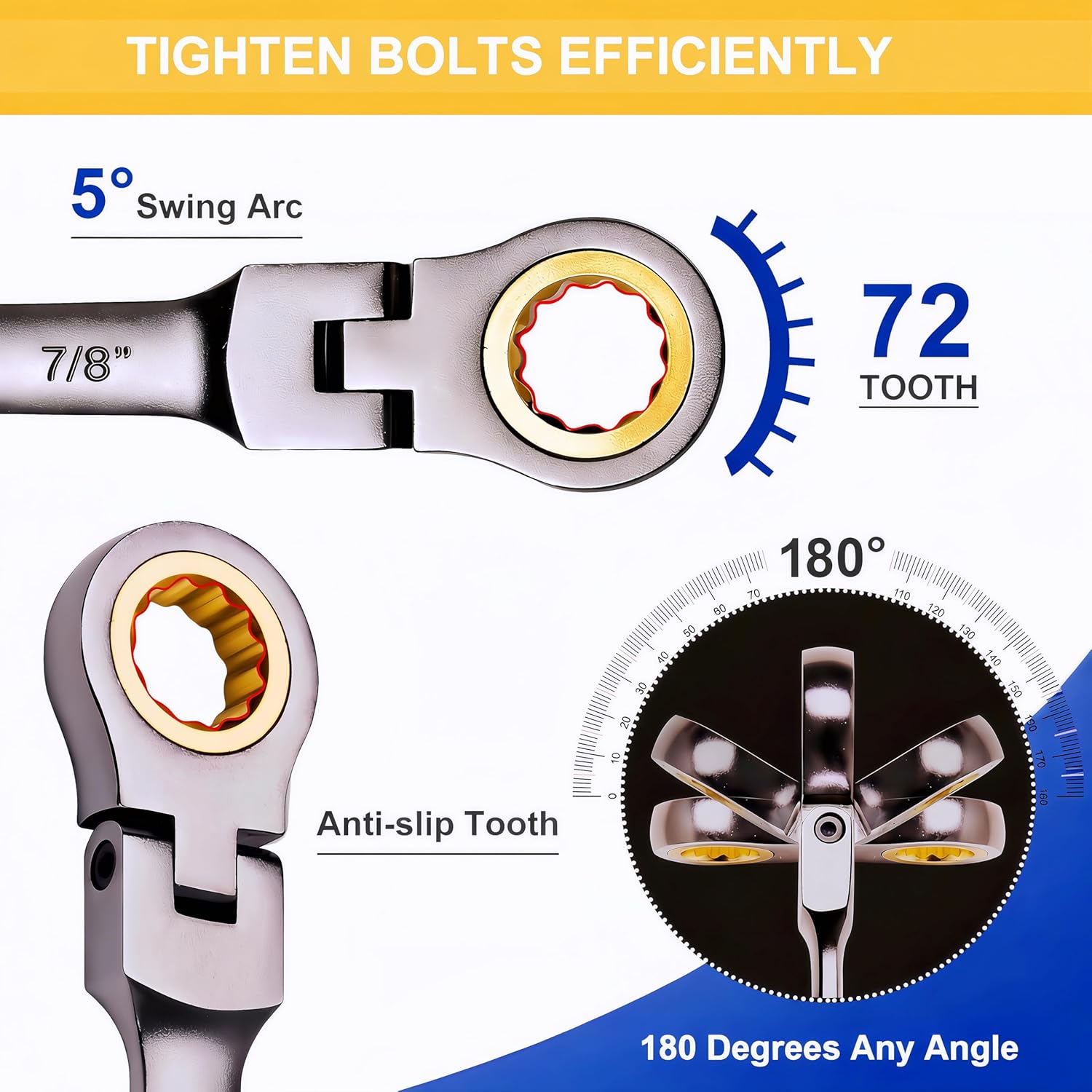 15-Piece SAE Ratcheting Wrench Set (1/4″–1″), 72-Tooth Flex-Head Combination Wrenches, Heavy-Duty Cr-V Mechanic Tool Kit with Organizer Roll Bag