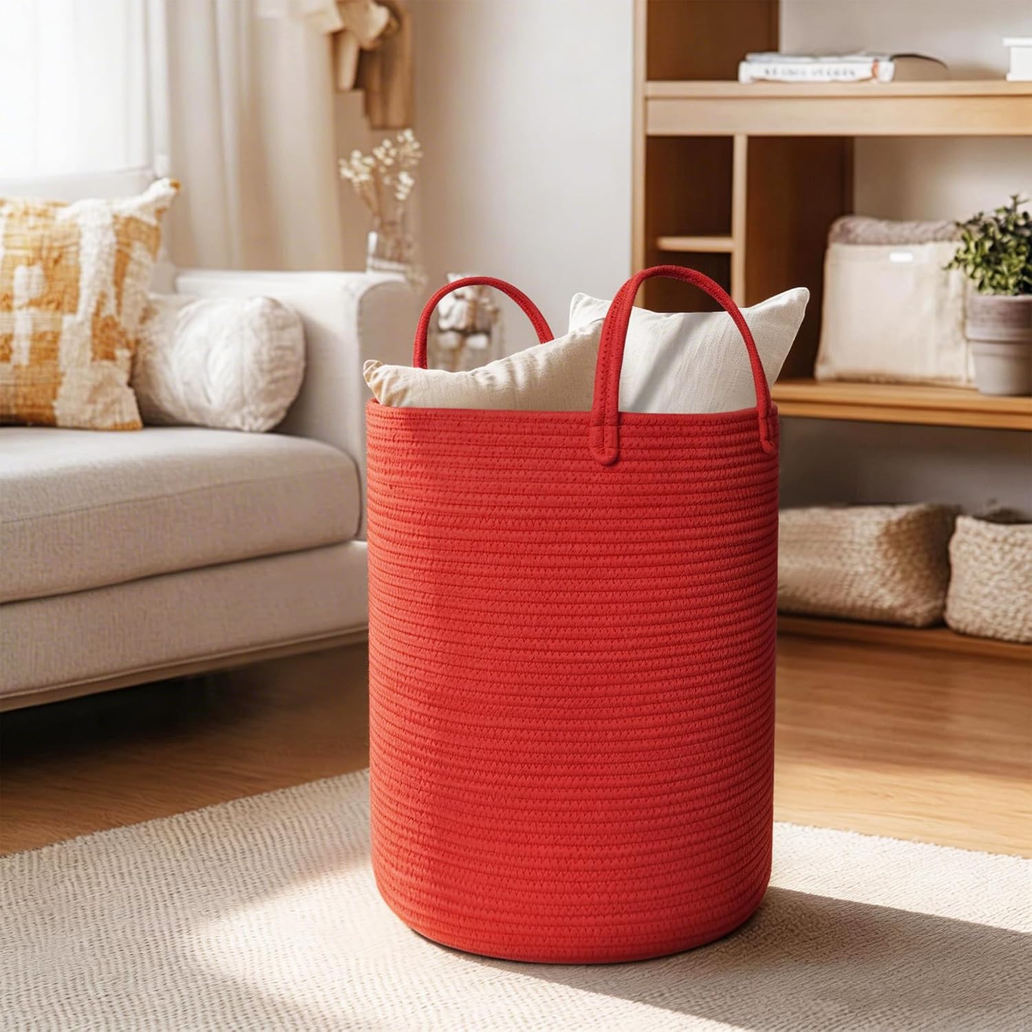 MEGASKET Red Woven Laundry Basket, 15"x18" Large Cotton Rope Storage Basket for Blankets Toys, Decorative Baby Nursery Clothes Hamper for Living Room Bedroom, Kids Tall Laundry Hamper, Red Room Decor
