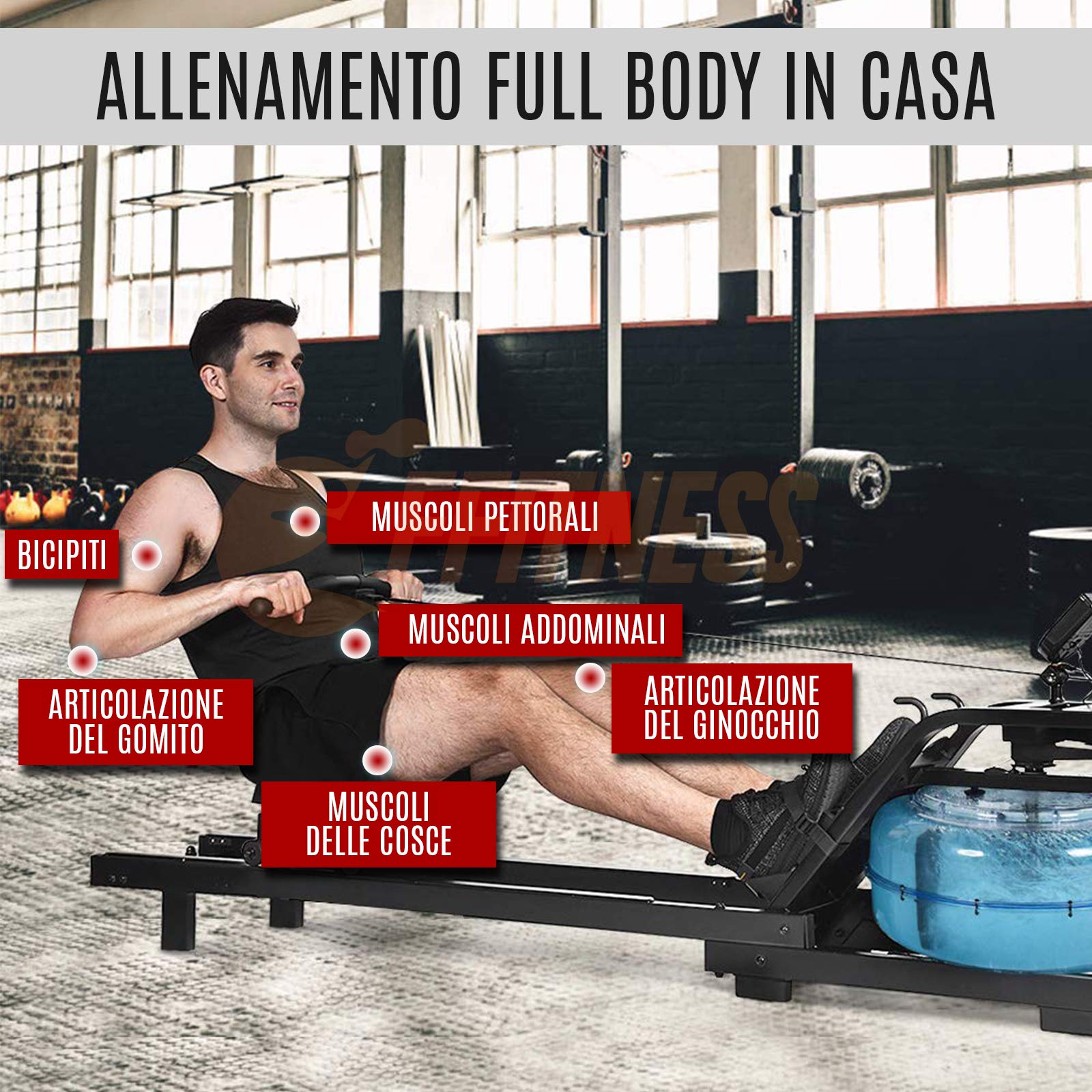 FFitness Vogatore Rematore Idraulico ad Acqua Compatto Unisex Adulto con Display Resistenza Idraulica Regolabile