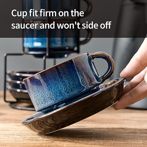 Miniatura 4 de JIEMEI HOME - Tazas de capuchino apilables de porcelana con platillos y soporte de metal, tazas de espresso de 7 onzas para café con leche, bebidas