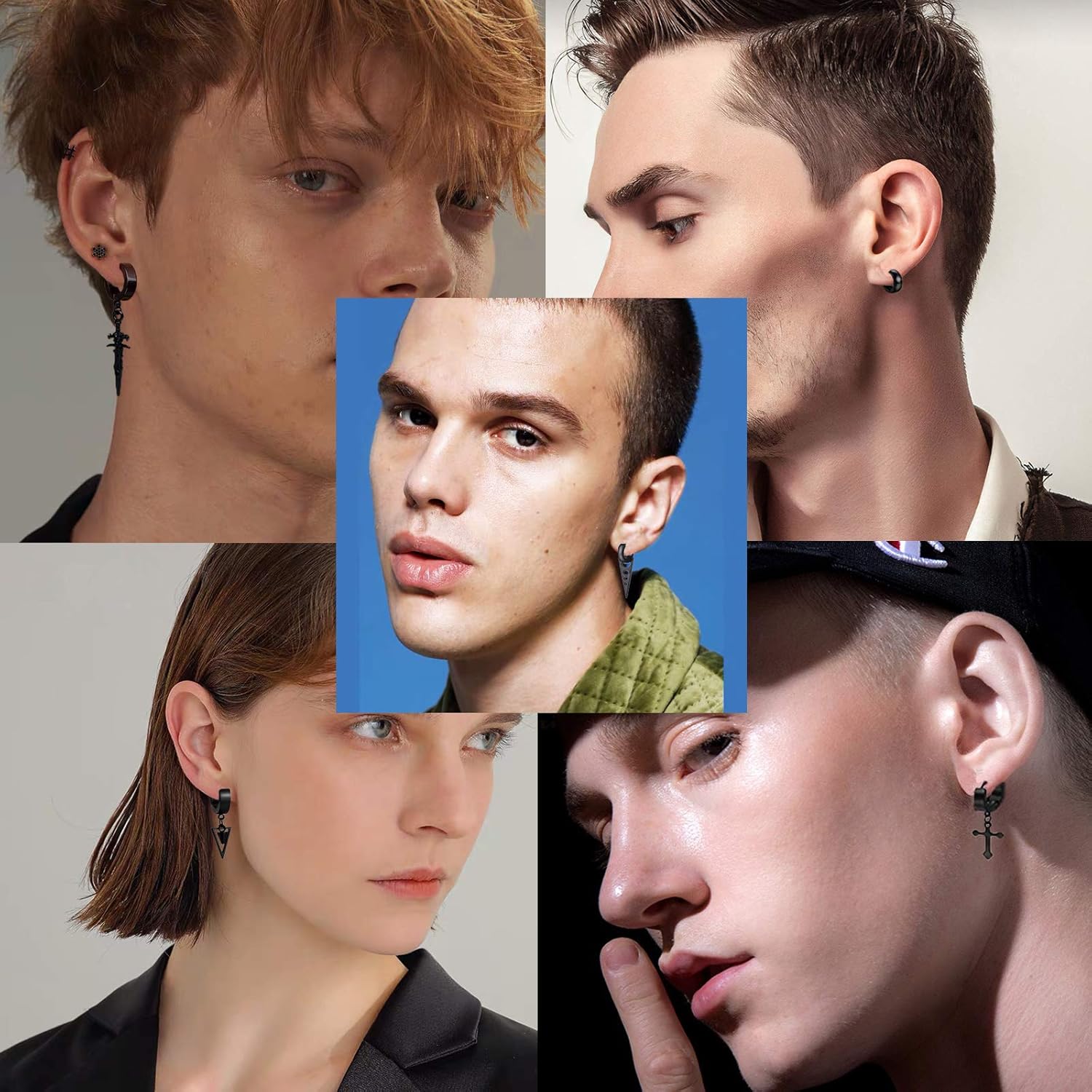 5 Pairs Punk Hip-hop Stainless Steel Black Dagger Geometric Triangle Cross Sword Dangle Surgical Huggie Hoop Earrings Set Gift for Men Women Teen - Image 5