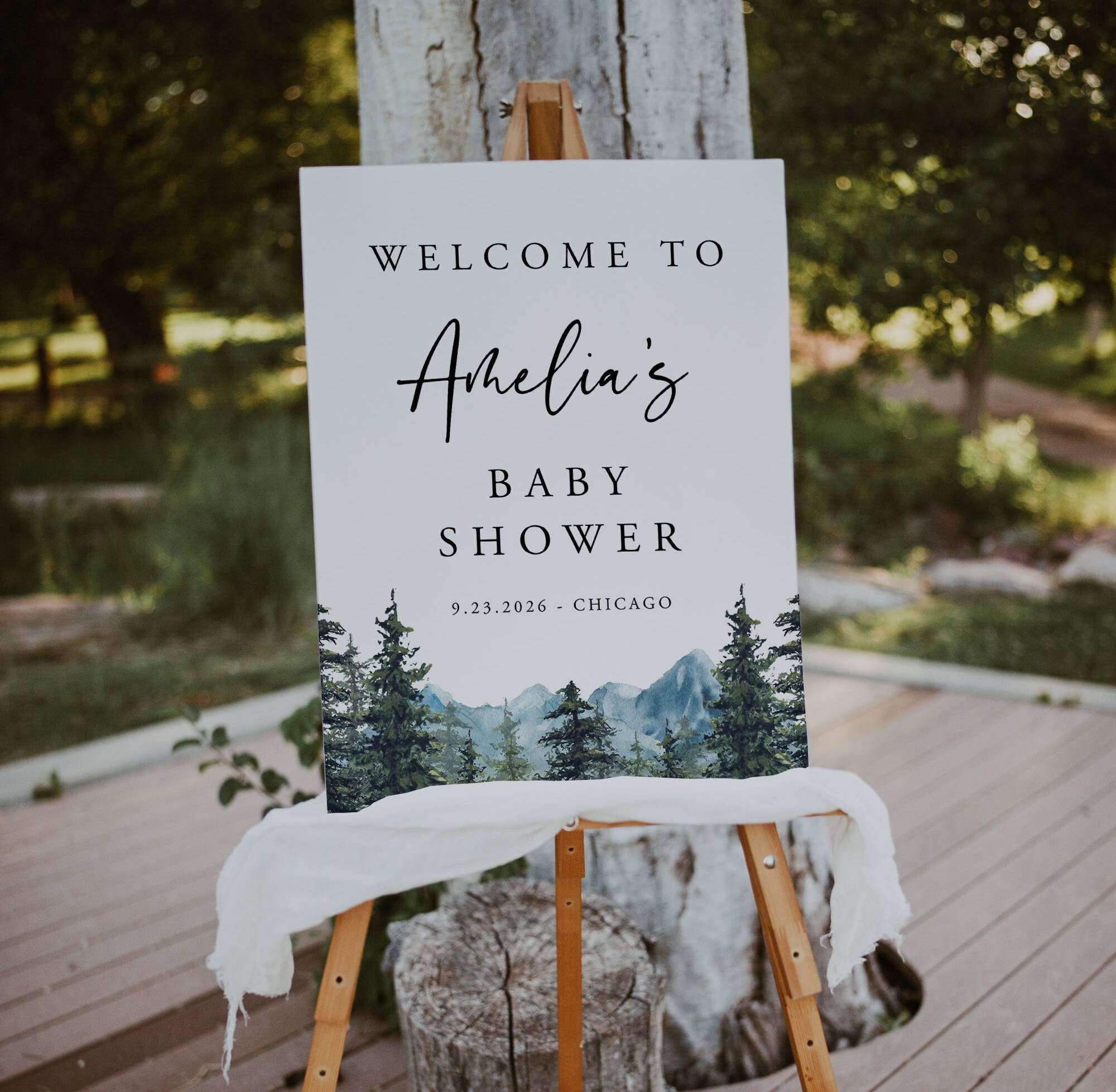 MCSTORE Woodland Baby Shower Welcome Sign, Adventure Awaits Poster, Pine Baby Shower Sign, Rustic Mountain Announcement Decorations, Newborn Gifts For Girls Boys