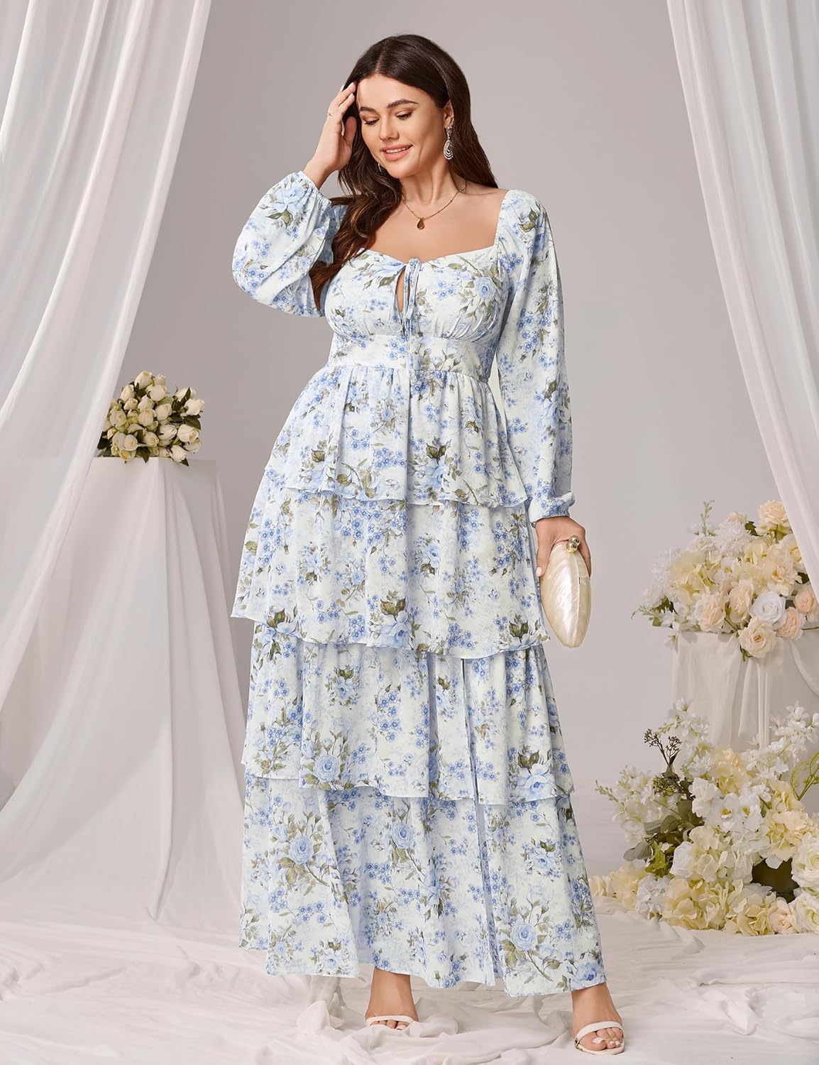 Womens Plus Size Floral Tiered Ruffle Long Sleeve Evening Party Wedding Guest Dress - Image 7