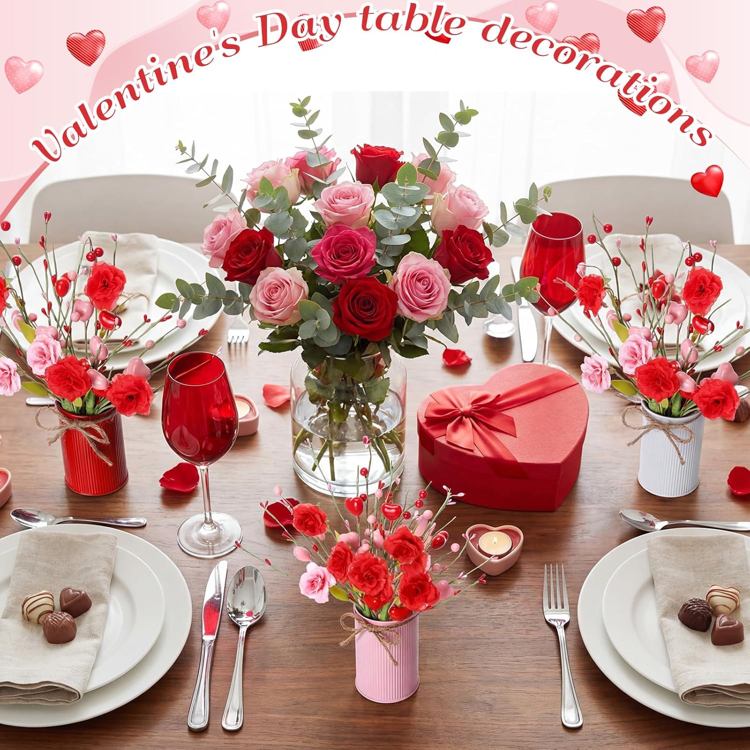 Zeyune 3 Sets Rose Berry Table Centerpiece, 6 Artificial Rose Berry Stems Picks with Metal Vase Pot, Fake Flower Arrangement for Wedding Reception, Anniversary Dinner, Mantel & Entryway Decor