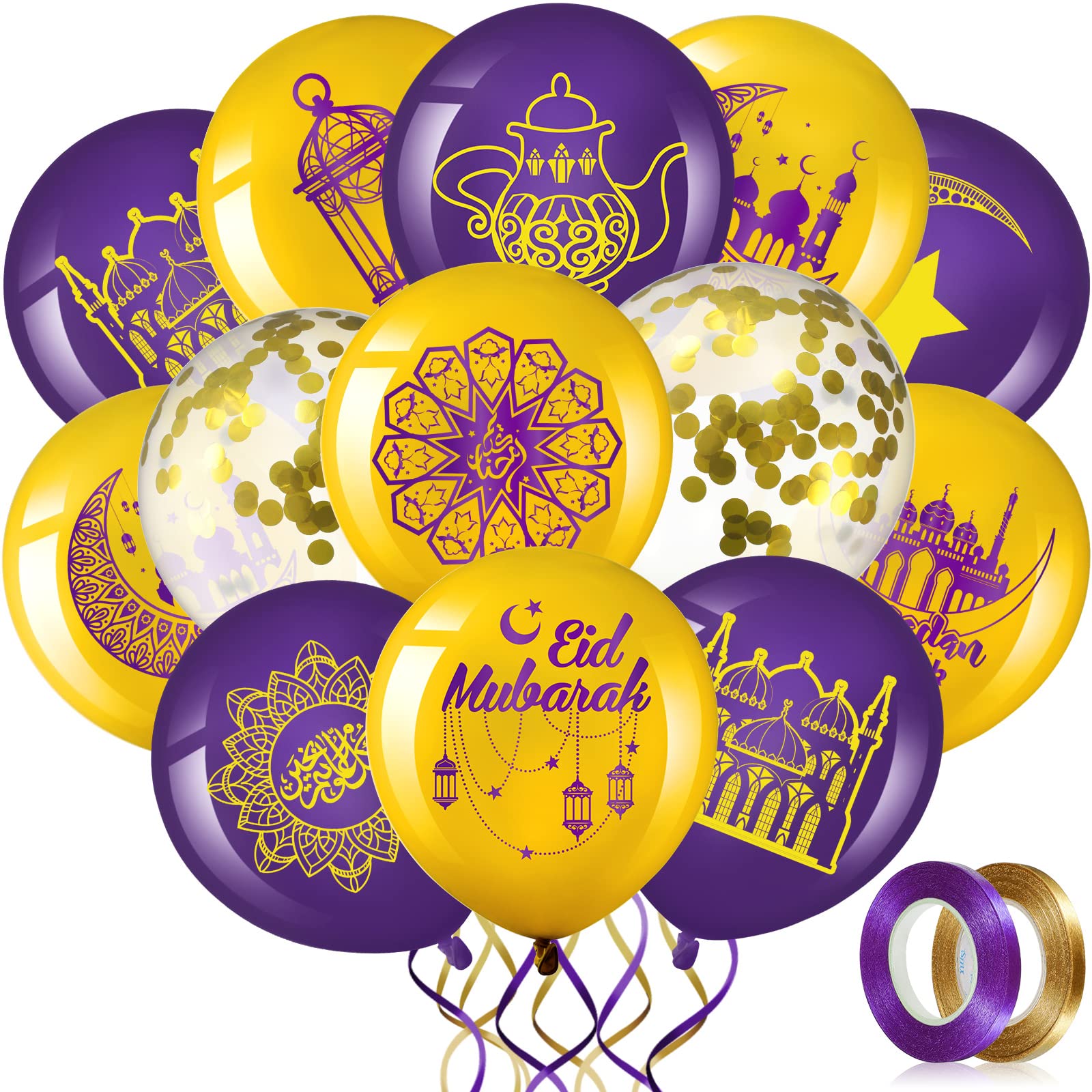 60 Pcs Ramadan Mubarak Balloons Eid Mubarak Party Decor Gold Confetti Balloon Muslim Festive Print Theme Latex Set with 2pcs Ribbon for Islamic Happy Eid Al-fitr Decor 12 Inches(Purple, Gold)