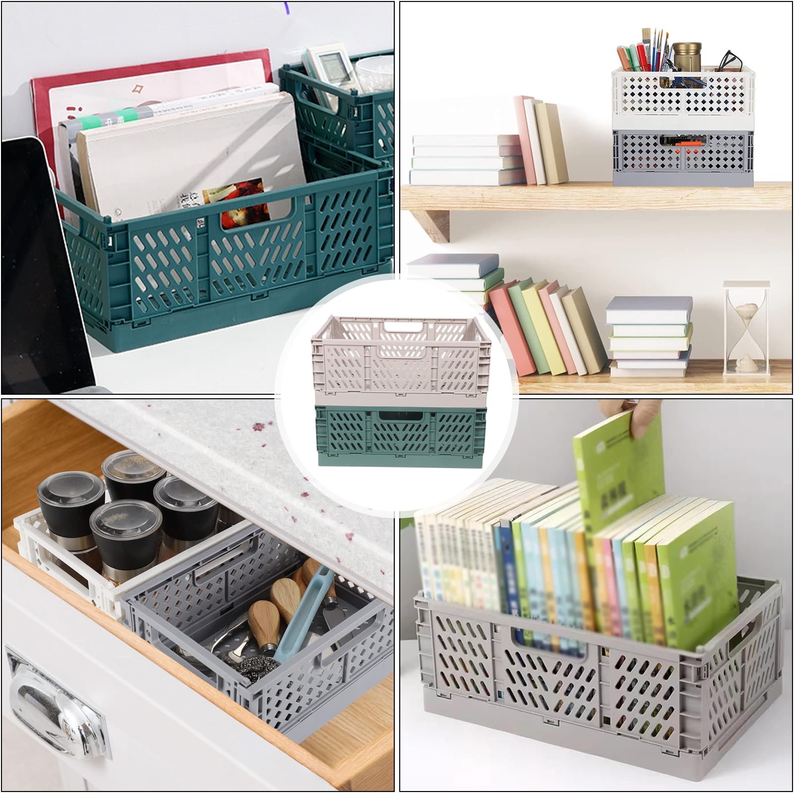 4Pcs Klappkiste, Kunststoff Stabile Klappboxen, 42 x 28 x 16cm Faltbare Aufbewahrungskorb, Stapelbar Klappkisten Set für Lagerung Küche, Schlafzimmer, Arbeitszimmer, Büro, Garten (Grau+Dunkelgrün)