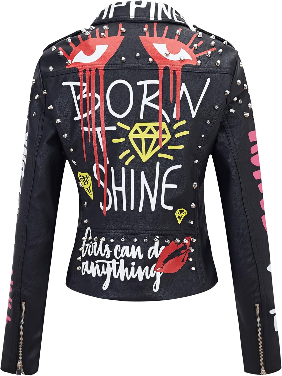 RISISSIDA Women Faux Leather Jacket Studded Rivet Spring Fall Fashion, Hip-Length Moto Biker Trendy Clothes Streetwear Belted - Image 3