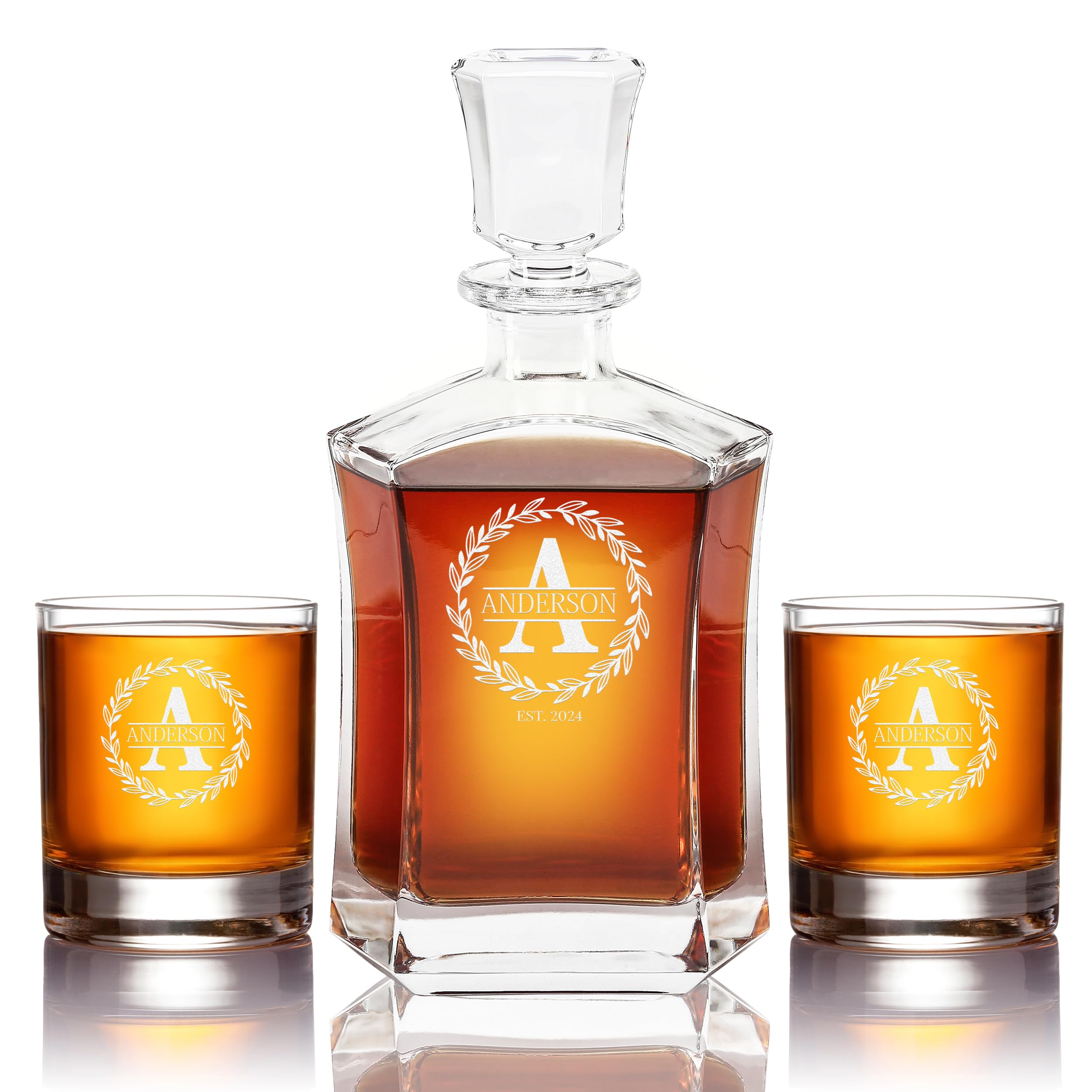 Personalized Whiskey Decanter Set - Customized Gift for Men - Engraved Bourbon Old Fashioned Classic Sleek Decanter with Optional Whiskey Glasses Set - Best Gift for Birthdays and Any Occasion