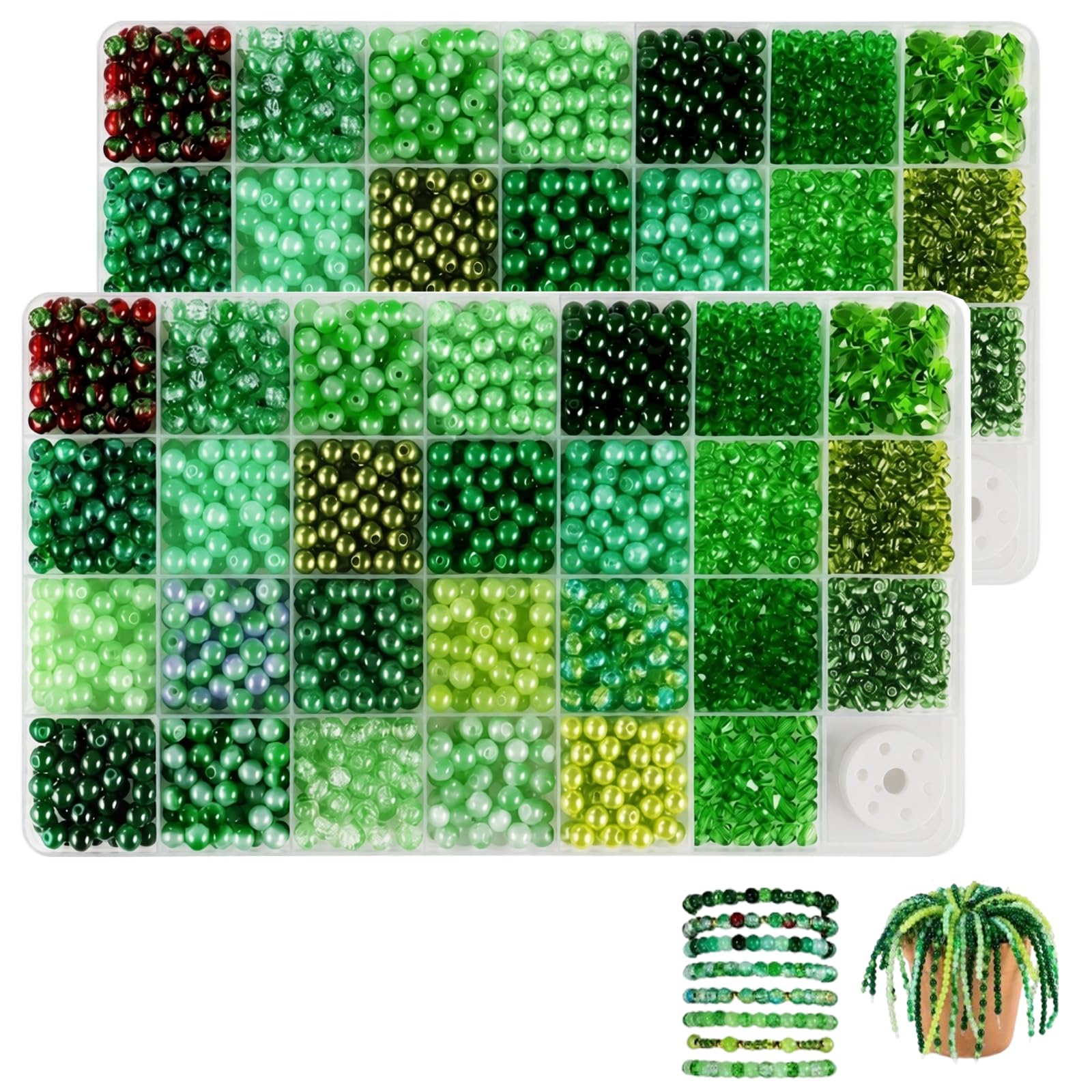 1200Stück DIY Perlenpflanzen-Set, DIY Handwerk Set Grünes Glas Perlen Pflanze Kit, Blumenperlen, Pflanzenherstellung, grüner Glaskristall, Wassertropfen für Schmuckherstellung, DIY (2 Box(2400PC))