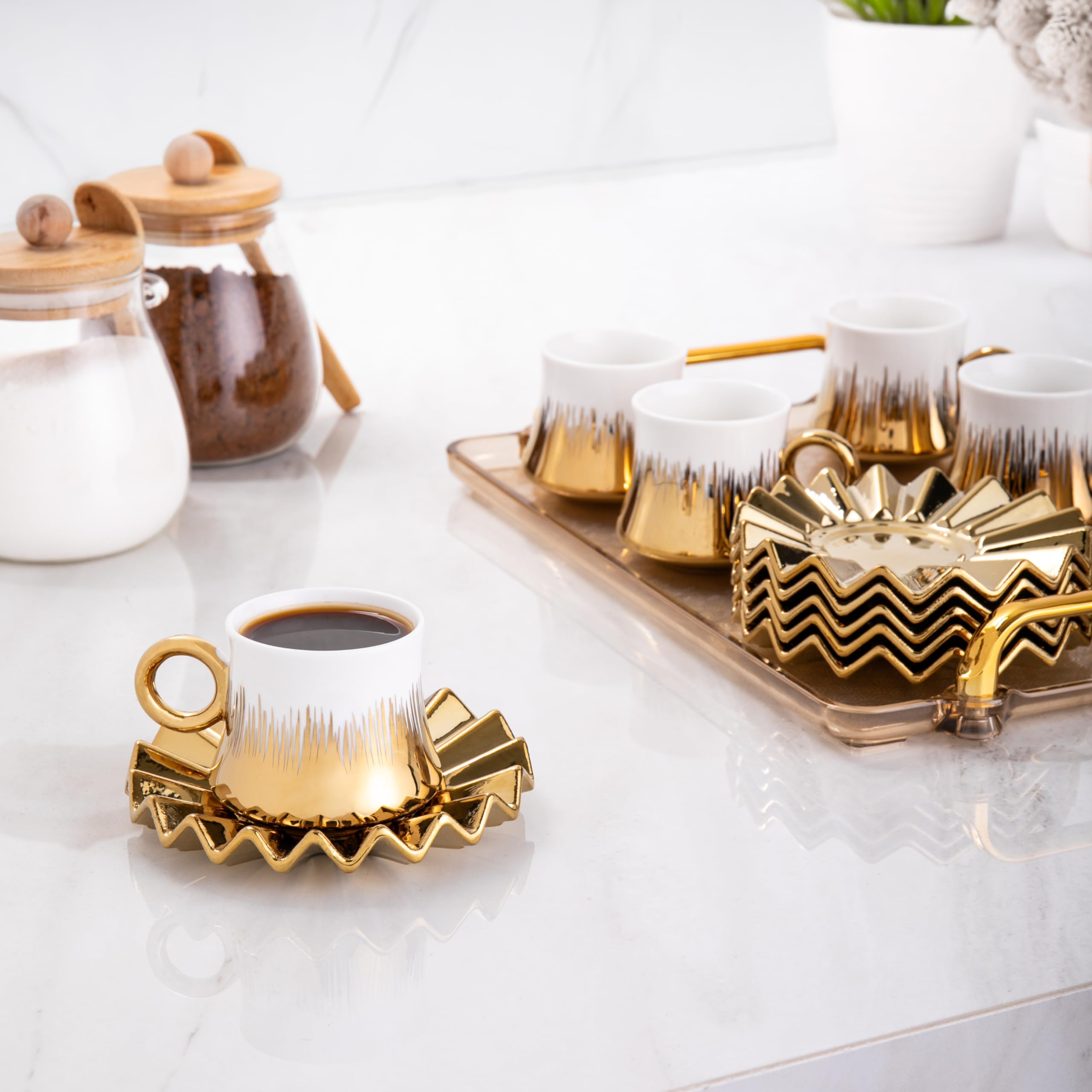 GLOXZY Turkish Coffee Cup Set Of 6 With Saucers & Tray - Ceramic Espresso Cups For Arabic, Greek, Japanese Coffee