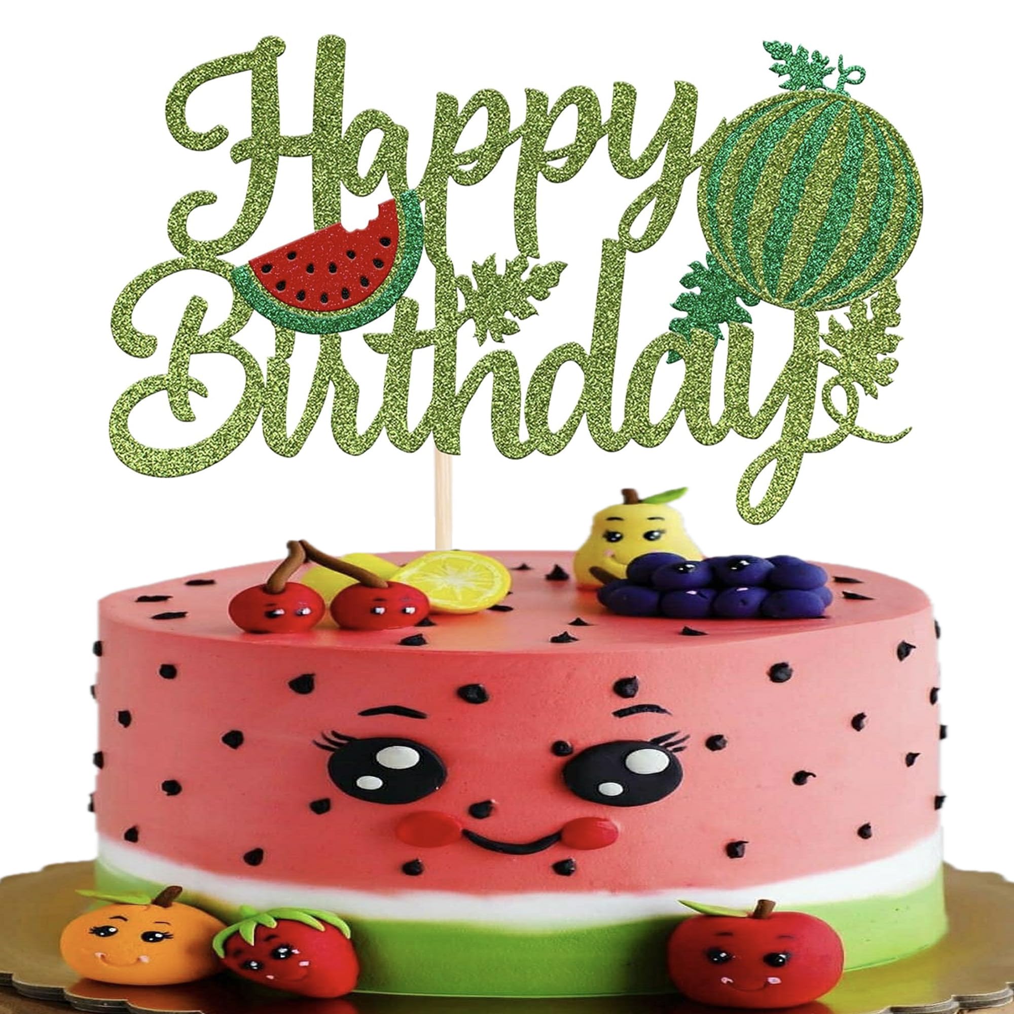1 Stück Happy Birthday Tortendeko, Glitzer Wassermelone Cake Topper Pick Watermelon Geburtstag Kuchen Deko für Obst Thema Kinder Geburtstag Party Cupcake Dekoration Zubehör