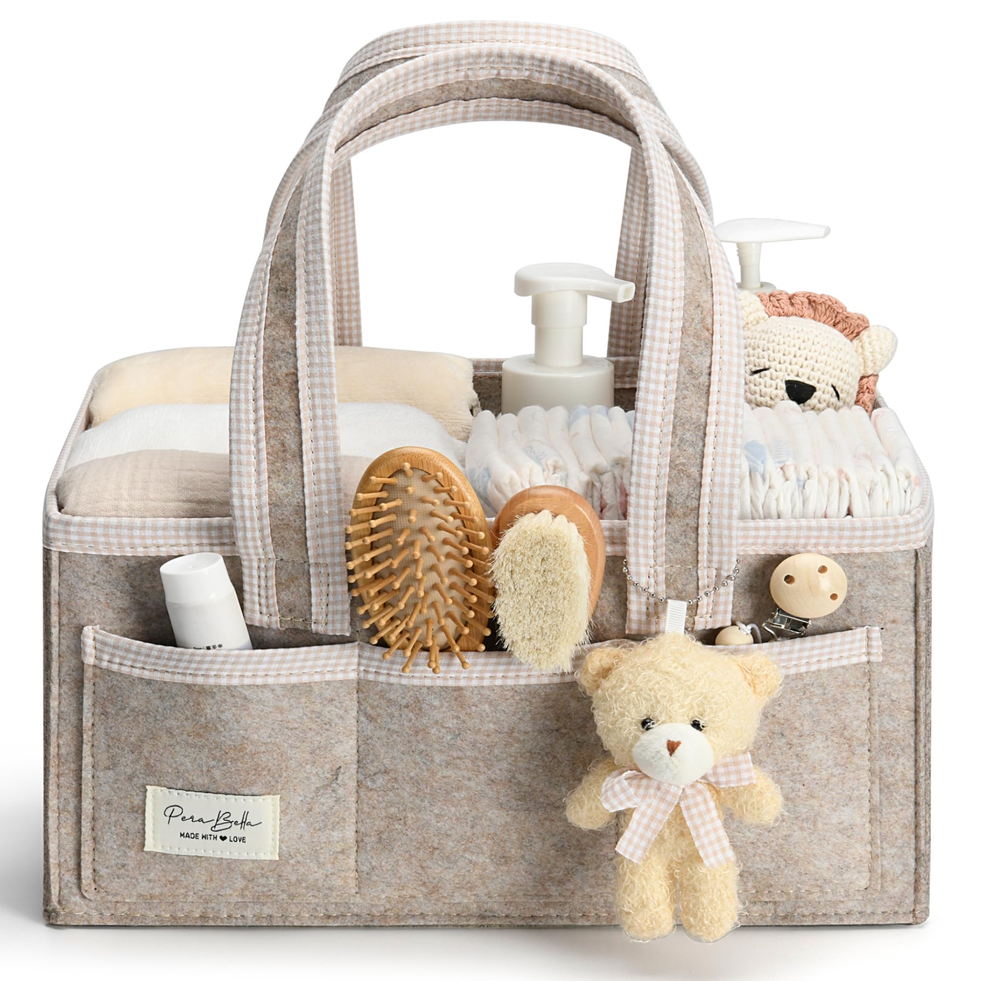 Organizador de pañales PeraBella con asa, cesta para regalos de baby shower, registro de búsqueda, artículos imprescindibles, organizador de almacenamiento para guardería para recién nacidos, niñas y niños, bolso para bebé, artículos esenciales, carrito para pañales de coche