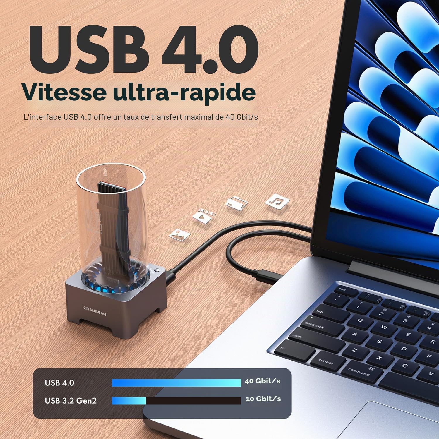 GRAUGEAR Station d'accueil SSD M.2 NVMe 40 Gbit/s, Base d'accueil Externe USB 4 avec Ventilateur de Refroidissement, Prise en Charge UASP, Compatible avec Thunderbolt 4/3, Puce ASM2464PD