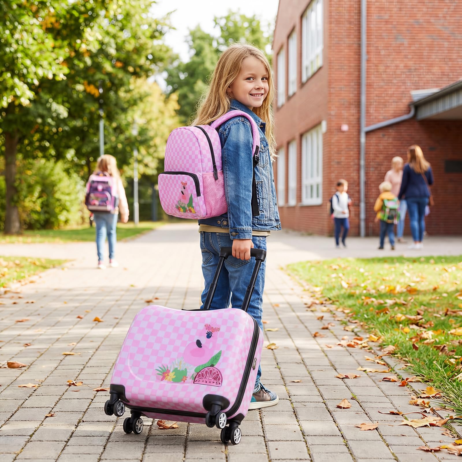 LIFEZEAL 18" Valigia Cabina Bambino con ruote con 12" Zaino Valigia da Inforcamento per Bambini con Corda per Tirare, Valigia da Viaggio Portatile con Motivi Animali Carini per Viaggio (Rosa Chiaro)