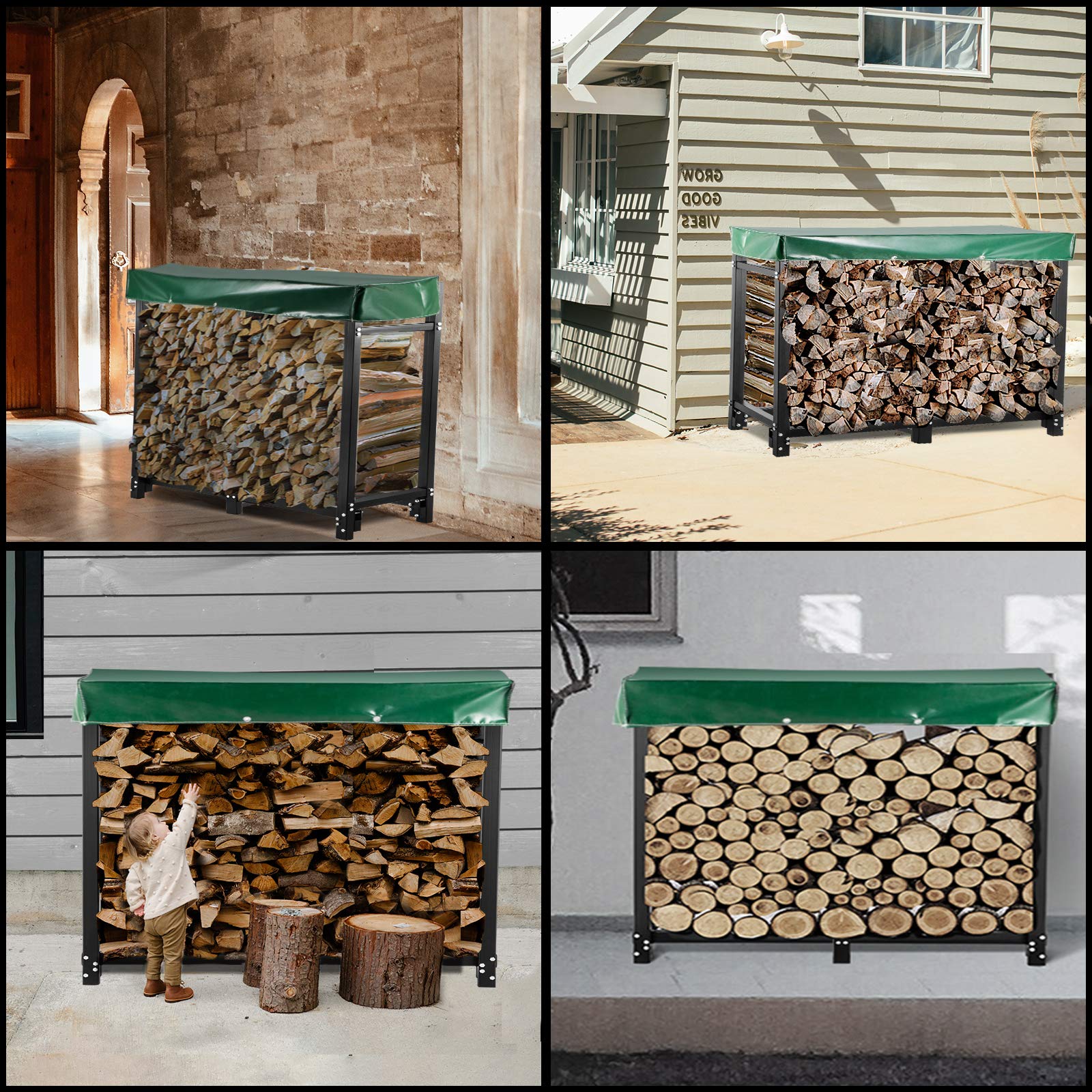 VEVOR Kaminholzregal 2,4 m Outdoor Schwarz Kaminholzregal Ständer Stahl Outdoor Holzregal Kaminholzhalter mit Tragkraft 100 lbs Abdeckung & Kaminbesteck-Set Firewood Log Rack 8ft