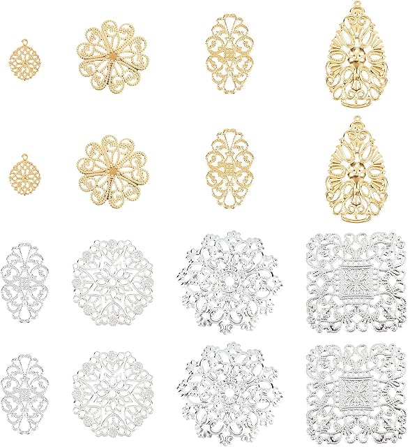 PandaHall 160pcs Filigree Joiners Links Iron Filigree Charms Pedents, 8 Style 4 Color Filigree Metal Embellishments for DIY Headwear Earring Brooch Necklace Jewellery Making Gift Wrapping