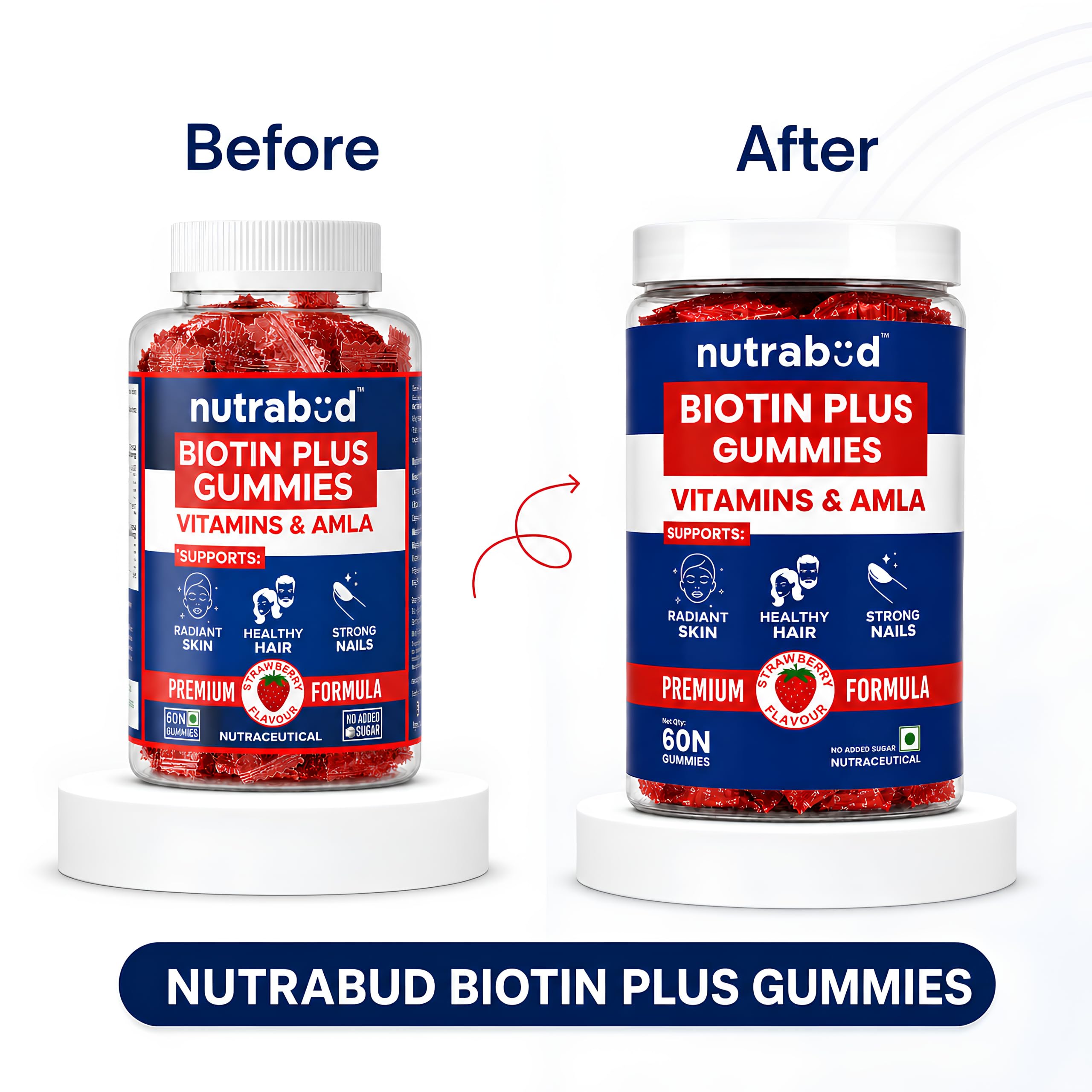 Nutrabud Biotin Hair Gummies For Women, Men | No Added Sugar | For Healthy Hair Growth, Skin Glow & Strong Nails | Strawberry Flavor Veg Gummy Bear Supplement - 60 Count (Pack of 1)