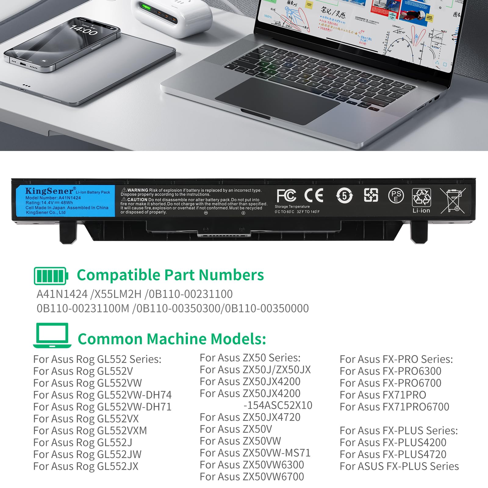 KingSener A41N1424 Laptop Battery for ASUS (ROG) GL552 GL552V GL552VW GL552VW-DH74 DH71 GL552JX ZX50V ZX50VW ZX50JX X50J ZX50 JX4200 JX4720 FX-Plus FX-PRO Notebook Battery 0B110-00350000 14.4V 48WH
