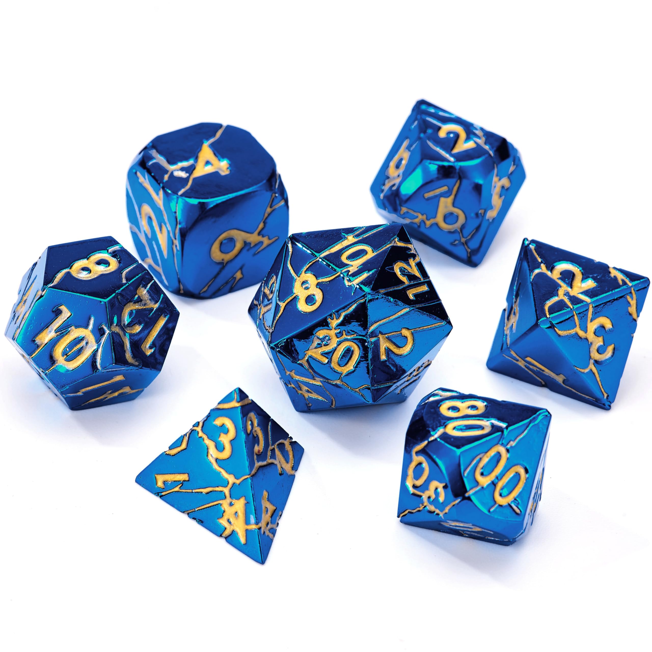 Metal Dice for DND - Cracked Lightning Metal Dice - Polyhedral Set for D&D with Cracks - Beautifully Detailed Compatible with Dungeons and Dragons, RPG and More (Metal Blue Gold Lightning)