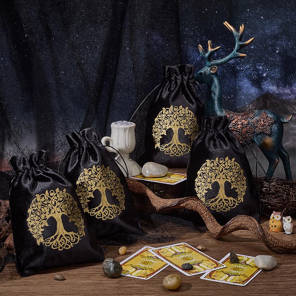 CREATCABIN 4 Packs Tree Of Life Tarot Card Bag Tarot Card Packing Pouches Thick Velvet Drawstring Bag Black Protective Card Board Game Embroidery for Tarot Dice Card Jewelry Crystal Pouch 7x5.1 Inch - Image 3