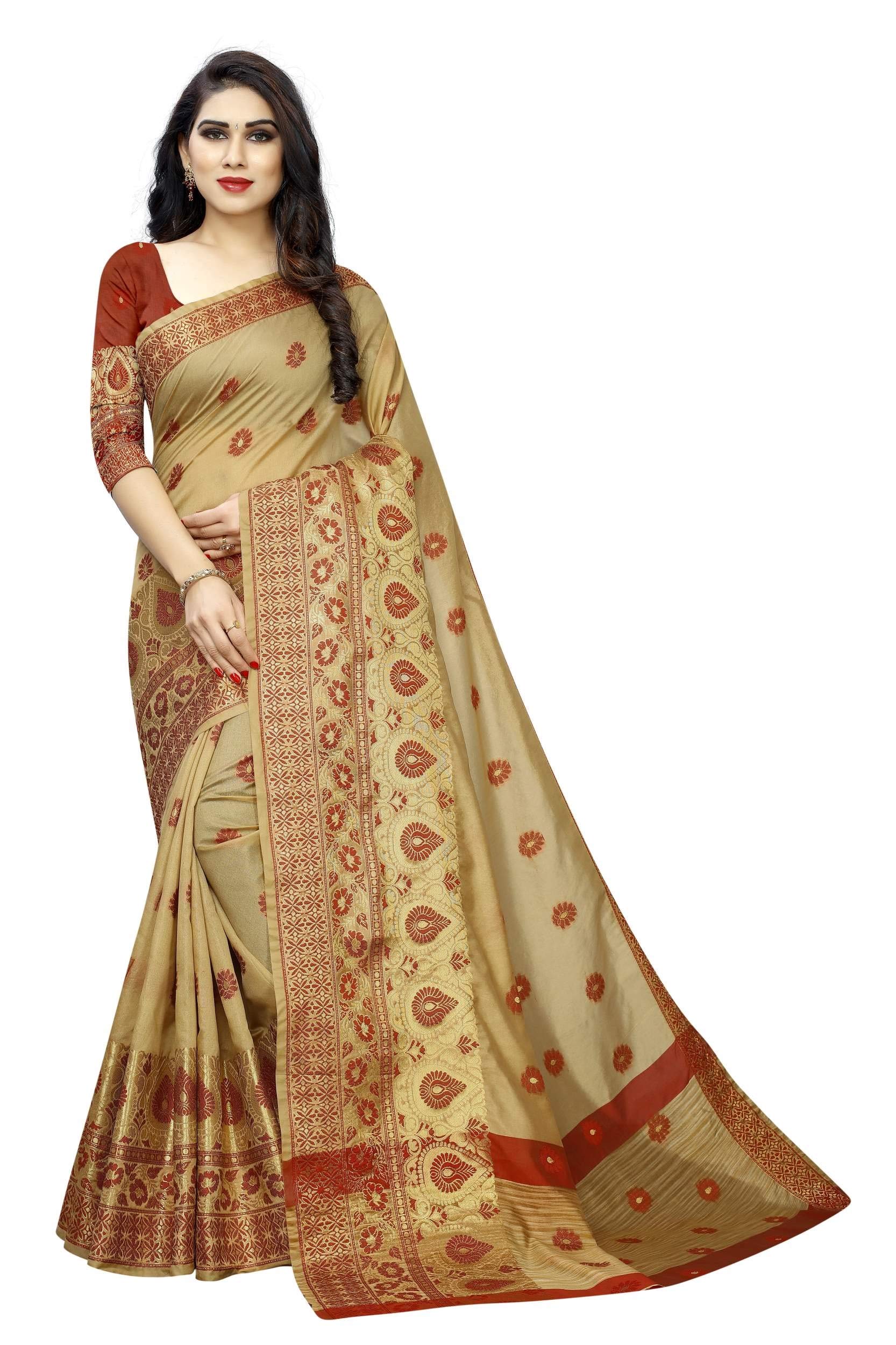 VAIVIDHYAMDesigner Sarees Women's Banarasi Cotton Silk Saree With Blouse Piece., chiku, One Size