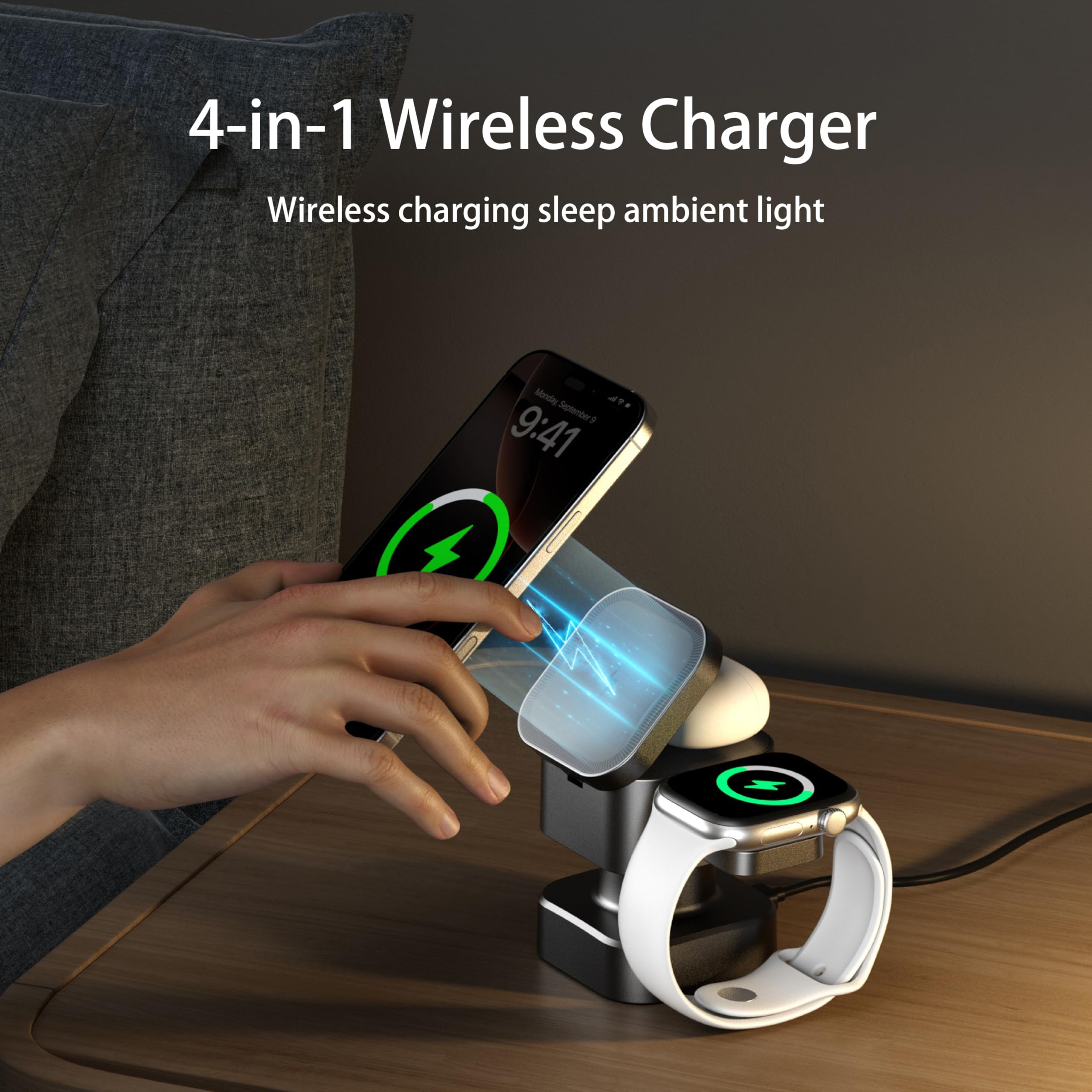 Station de Recharge magnétique sans Fil 4 en 1 pour Apple, Chargeur Rapide Pliable 15W avec veilleuse réglable, Support de Recharge sans Fil en pour iPhone 17/16/15/14/13/12, Apple Watch et AirPods