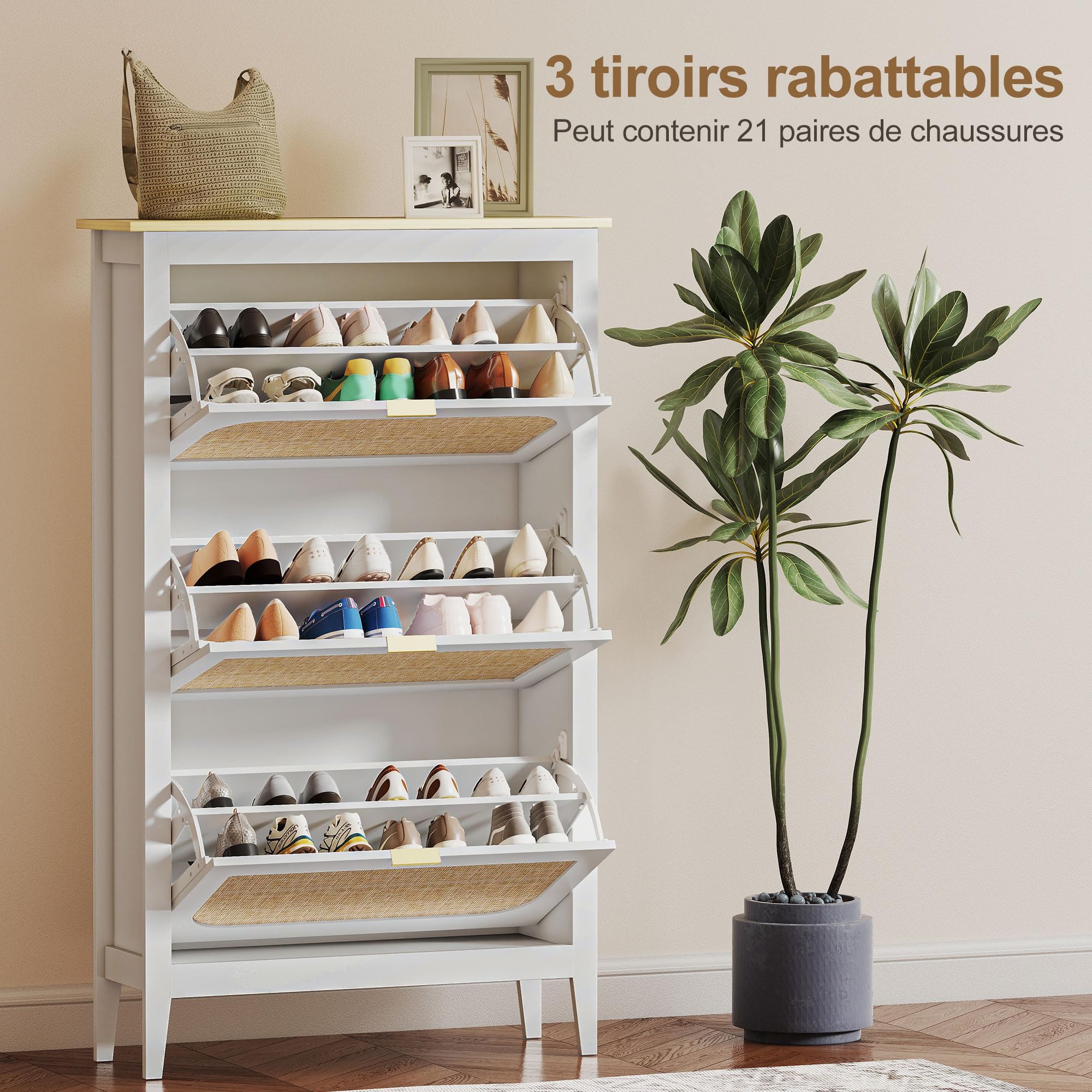 HOMCOM Meuble à Chaussures 21 Paires 3 Tiroirs 80x24x131cm Blanc