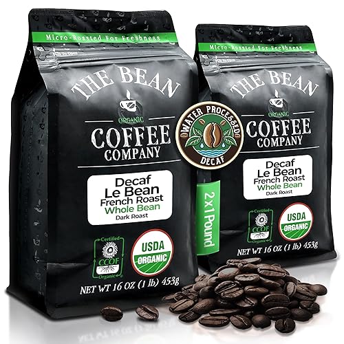 The Bean Organic Coffee Company DECAF Le Bean procesado con agua, tostado francés oscuro, café en grano entero, bolsas de 16 onzas (paquete de 2)