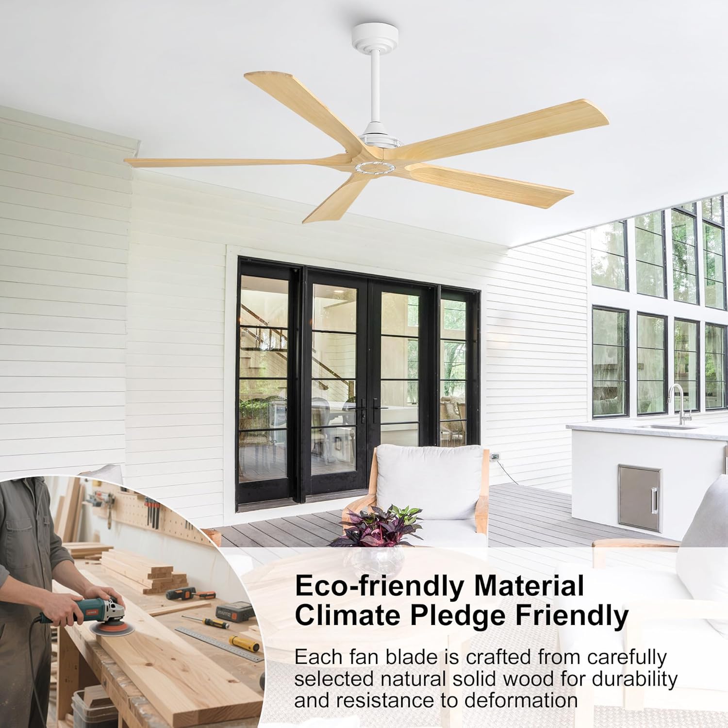 WINGBO 60 Inch Ceiling Fan without Light - 5 Carved Solid Wood Blades, 6-Speed Reversible DC Motor, Noiseless Remote Control Ceiling Fan No Light for Bedroom Living Room Kitchen, White and Oak