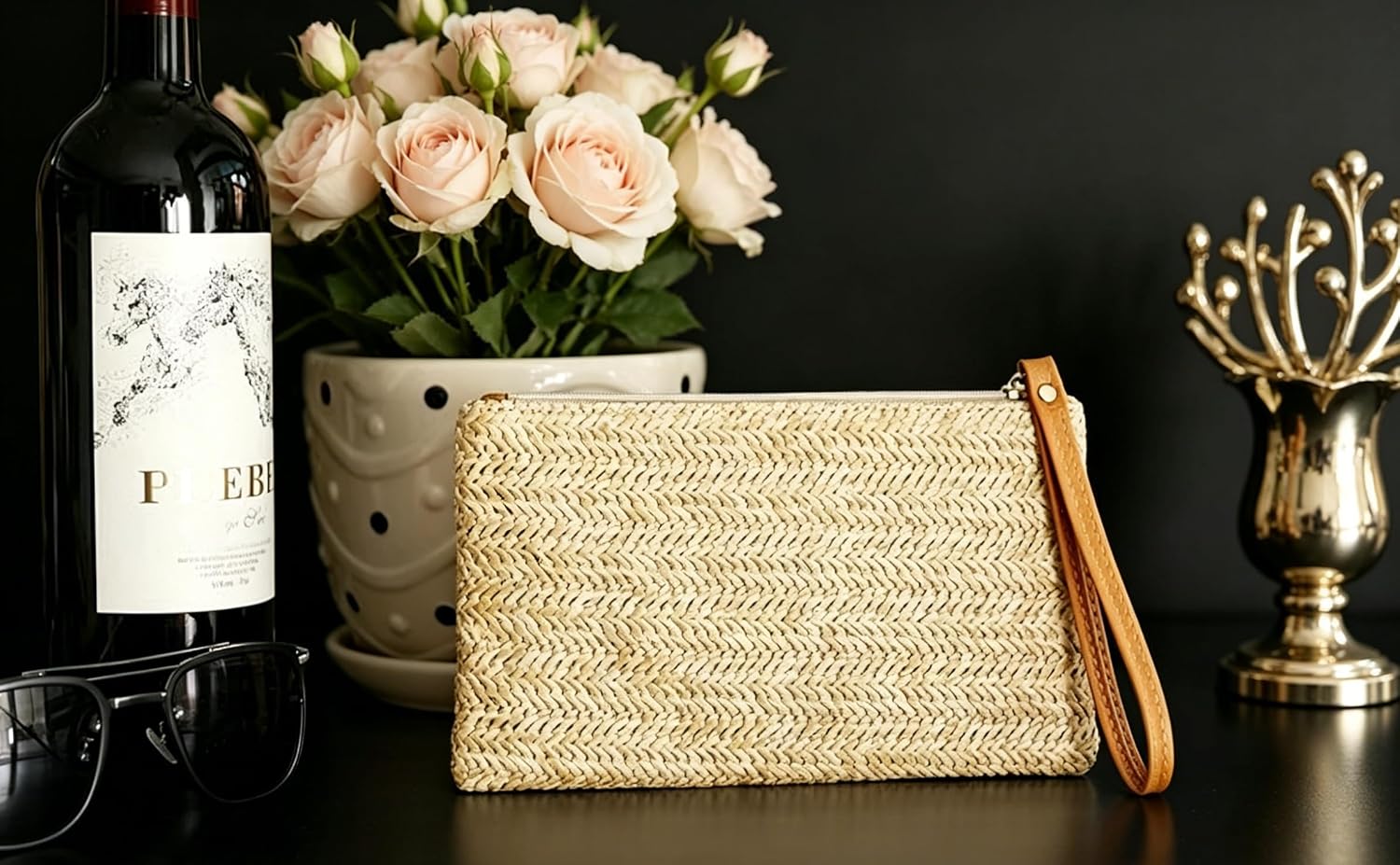 Women Straw Clutch Bag, 9.45 × 6.3 In, Hand-Woven Fine Straw Small Clutch Bag, Bohemian Wristlet Bag, Straw Clutch Purse with Handle, Zipper Wristlet Wallets for Girls Travel Work (khaki)