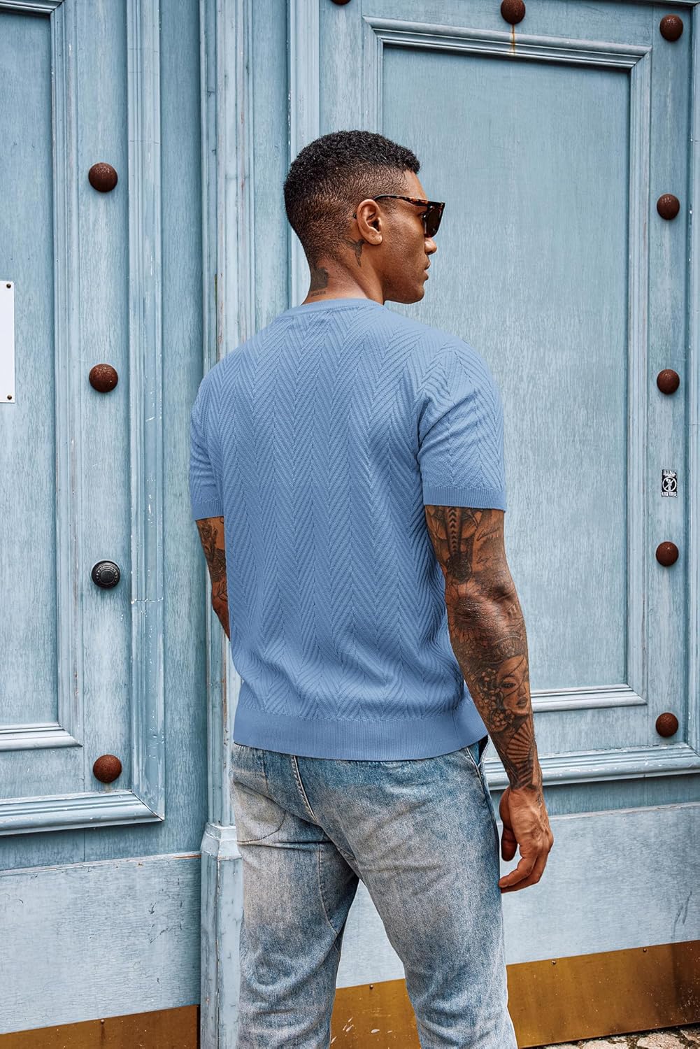 PJ PAUL JONES Men's Short Sleeve Knit T-Shirts Casual Crewneck Solid Texture Knit Shirt