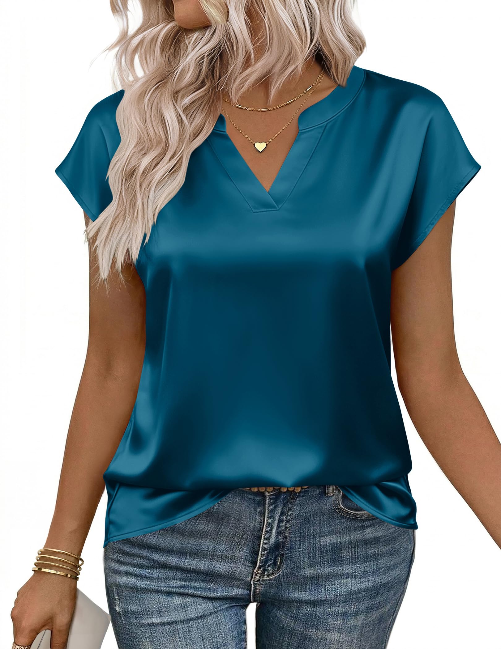 Zeagoo Women Tops Silk Satin Blouses V Neck Summer Shirts Cap Sleeve Business Casual Dressy Spring Clothing — view 16