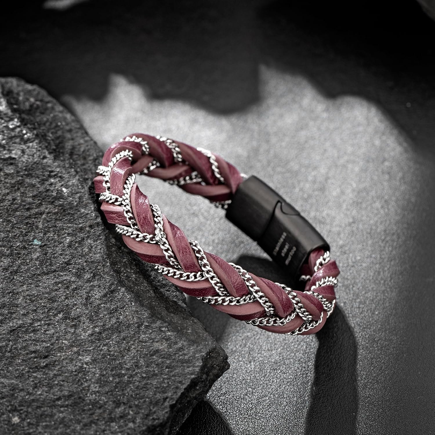 murtoo Mens Leather Bracelet, Black Brown Double Row Braided Leather Bracelets for Men with Steel Chain, Stylish Gift for Men Him